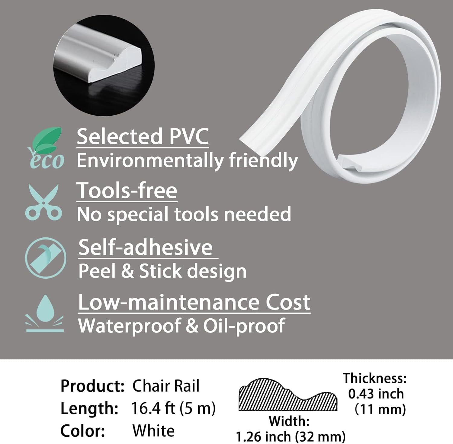 Gaahing Flexible Wall Molding Trim and Chair Rail, Peel and Stick Self-Adhesive (White, 16.4 ft x 1.3 in) yeeq1