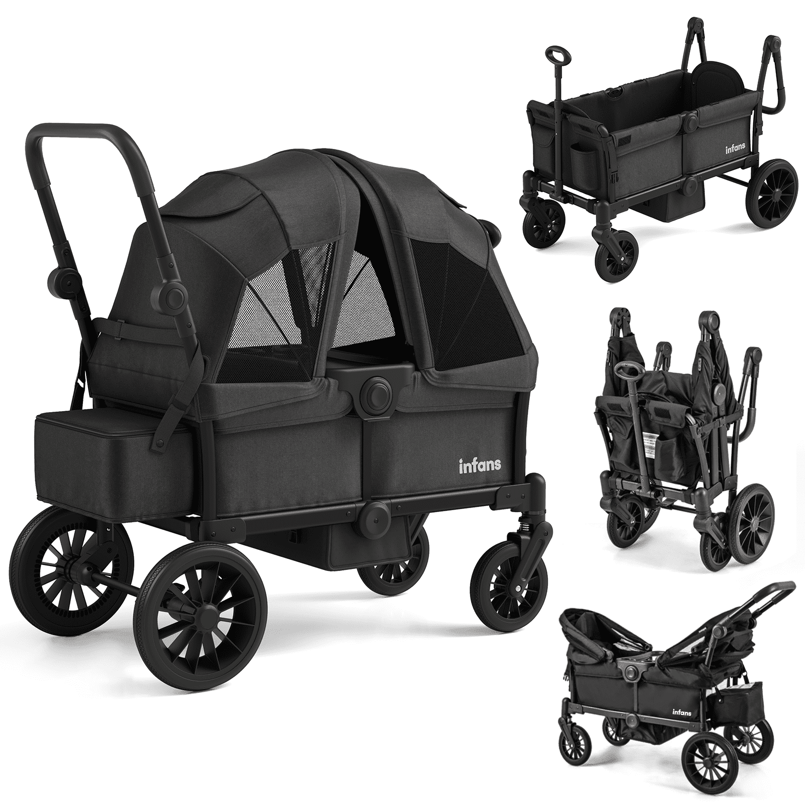 INFANS 2-Seater Wagon Stroller, Collapsible Double Stroller with Adjustable Canopy and Snack Tray (Black, 41 in x 22 in x 42 in) 0vei3