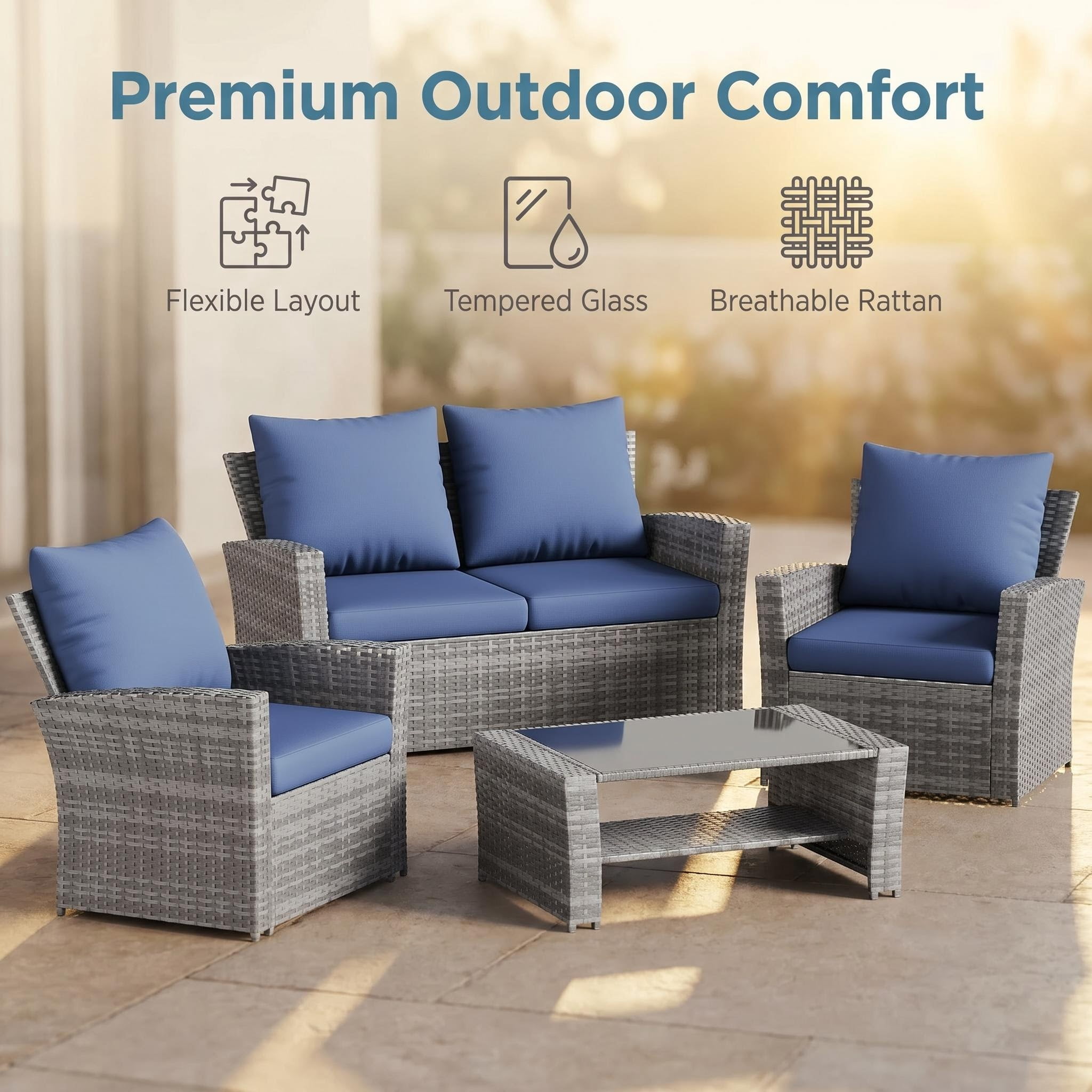 UDPATIO 4-Piece Wicker Patio Furniture Set, Outdoor Conversation Set with Loveseat, 2 Chairs and Glass Coffee Table (Blue, 4-Piece) iwfuv