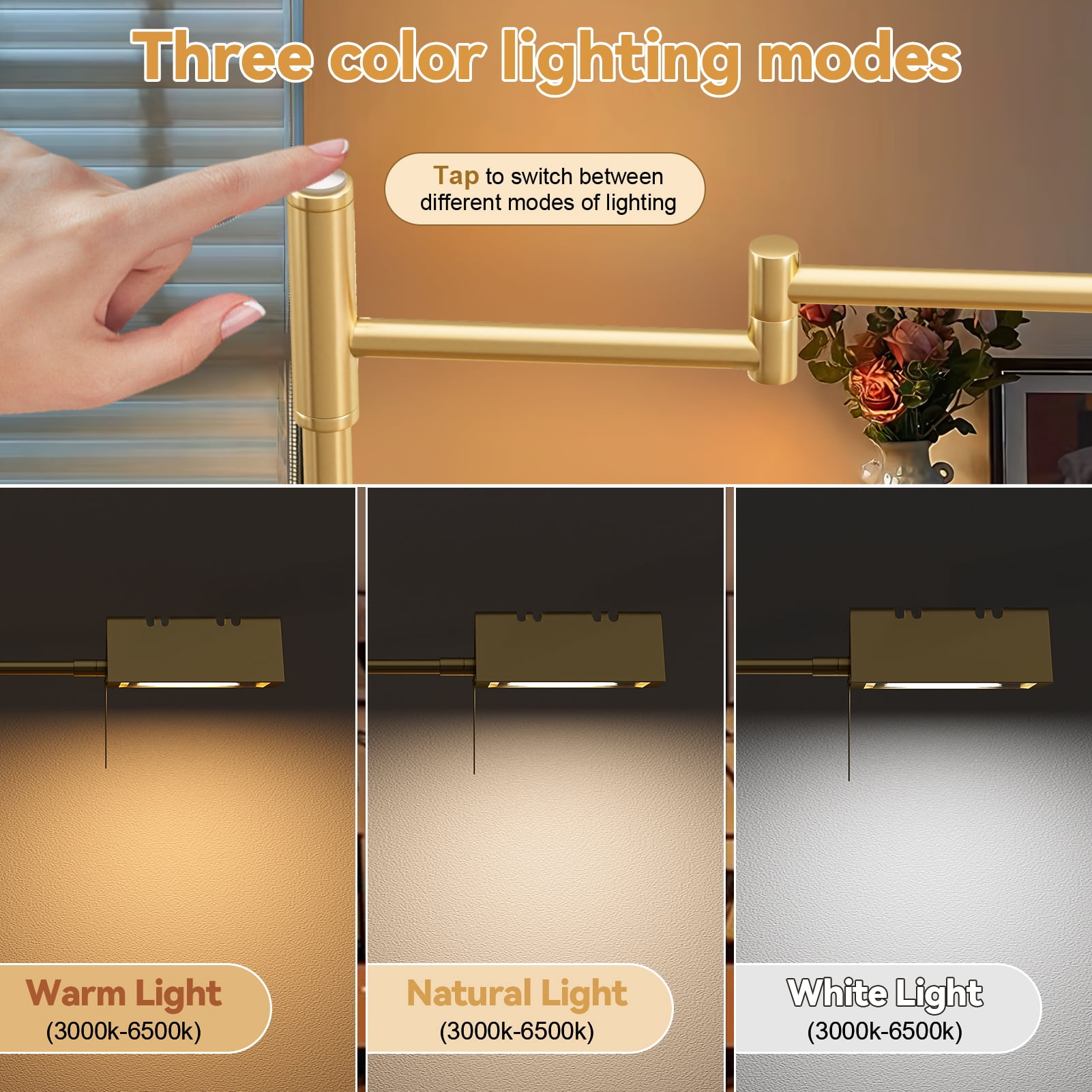 Dbuoem Dimmable LED Floor Lamp, Adjustable Swing Arm Reading Light with 3 Color Temperatures (Black, 55 in) wd0zm