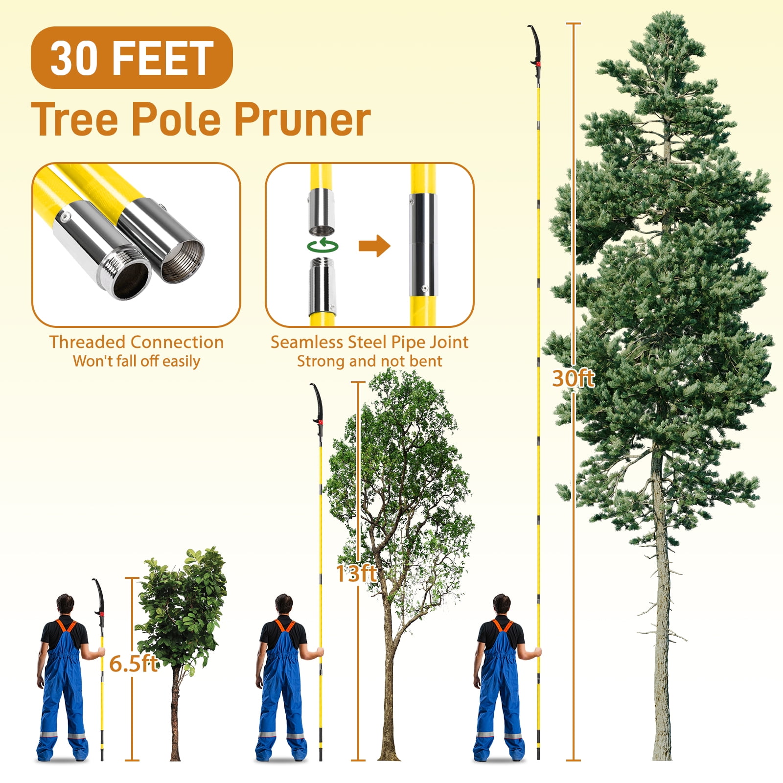 Ktaxon 24FT Manual Pole Saw, Heavy-Duty Tree Trimmer with Steel Blade for Yard and Garden (Yellow, 24 ft) 6mf2m