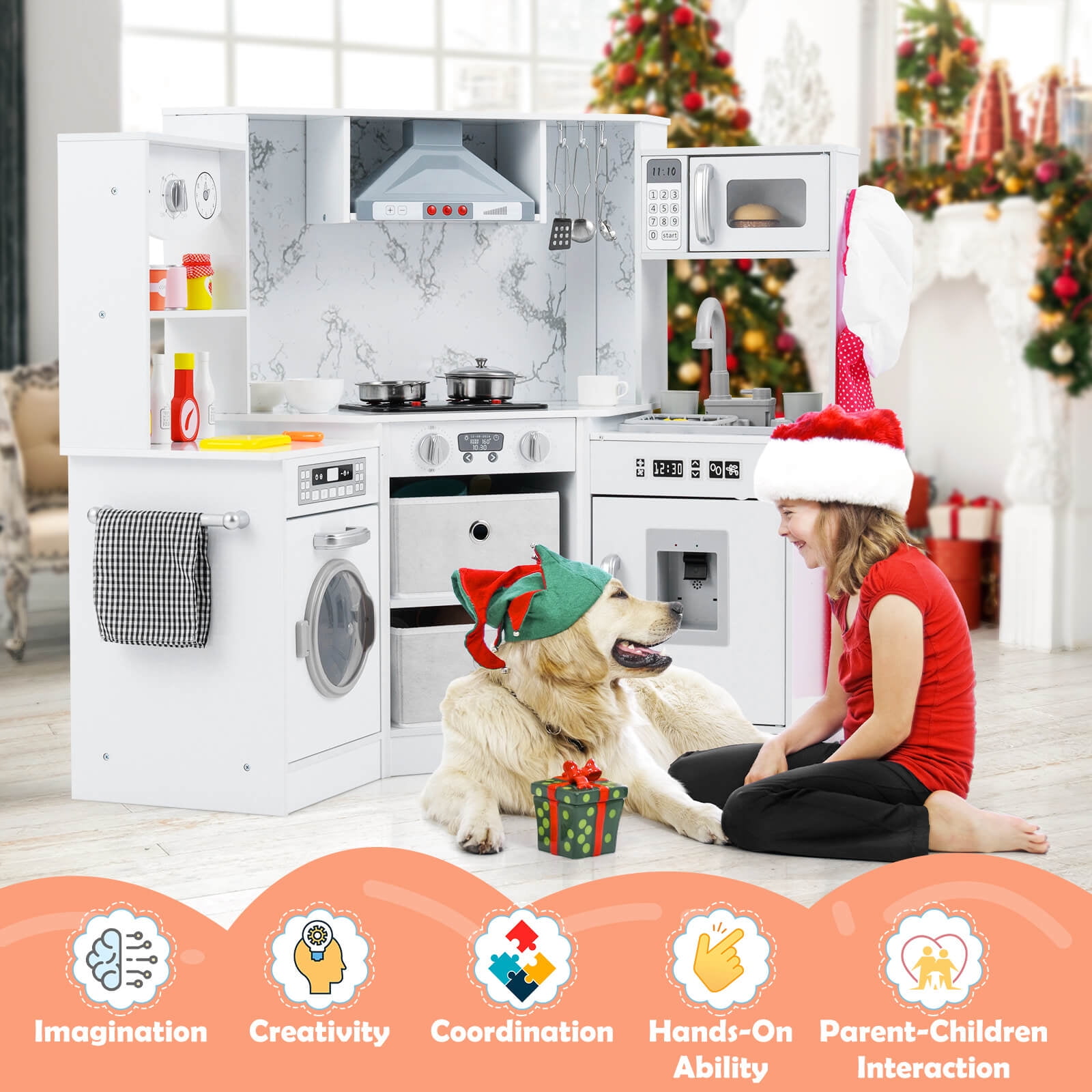 Costway Wooden Kids Play Corner Kitchen Set with Realistic Lights and Sounds (White, 36 in x 36 in x 36 in) xwfi8