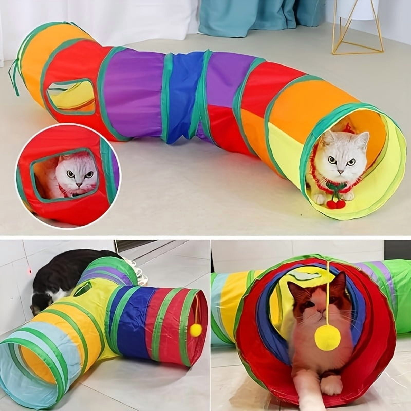ChicCrate 3-Way S-Shaped Cat Tunnel for Indoor Cats, Collapsible Interactive Play Toy with Crinkle Texture and Peek Holes (Rainbow, 31.5 in) 9r1v0