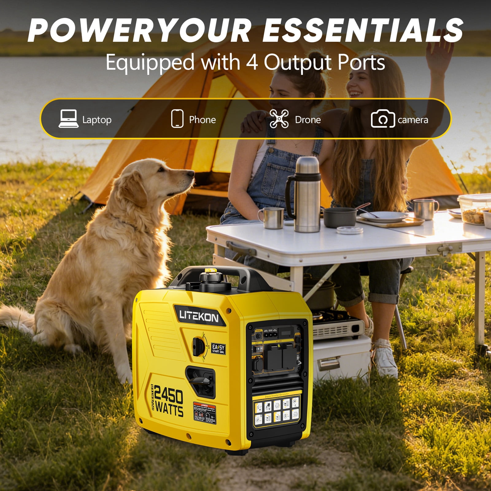 Rvchic 2450-Watt Portable Inverter Generator, Gas Powered Quiet Power Station for Camping and Home Backup (Yellow, 38.97 lb) mdggw