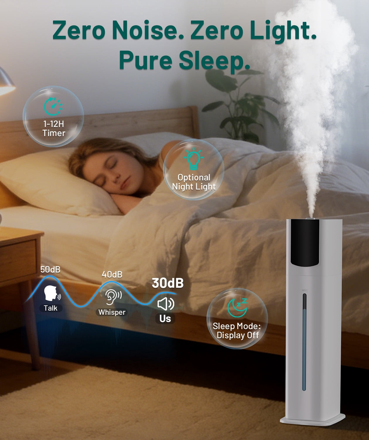 DHOLE Cool Mist Humidifier for Bedroom, Ultra Quiet Ultrasonic Air Moisturizer with Night Light and Auto Shut-Off (White, 9L) fq3zd
