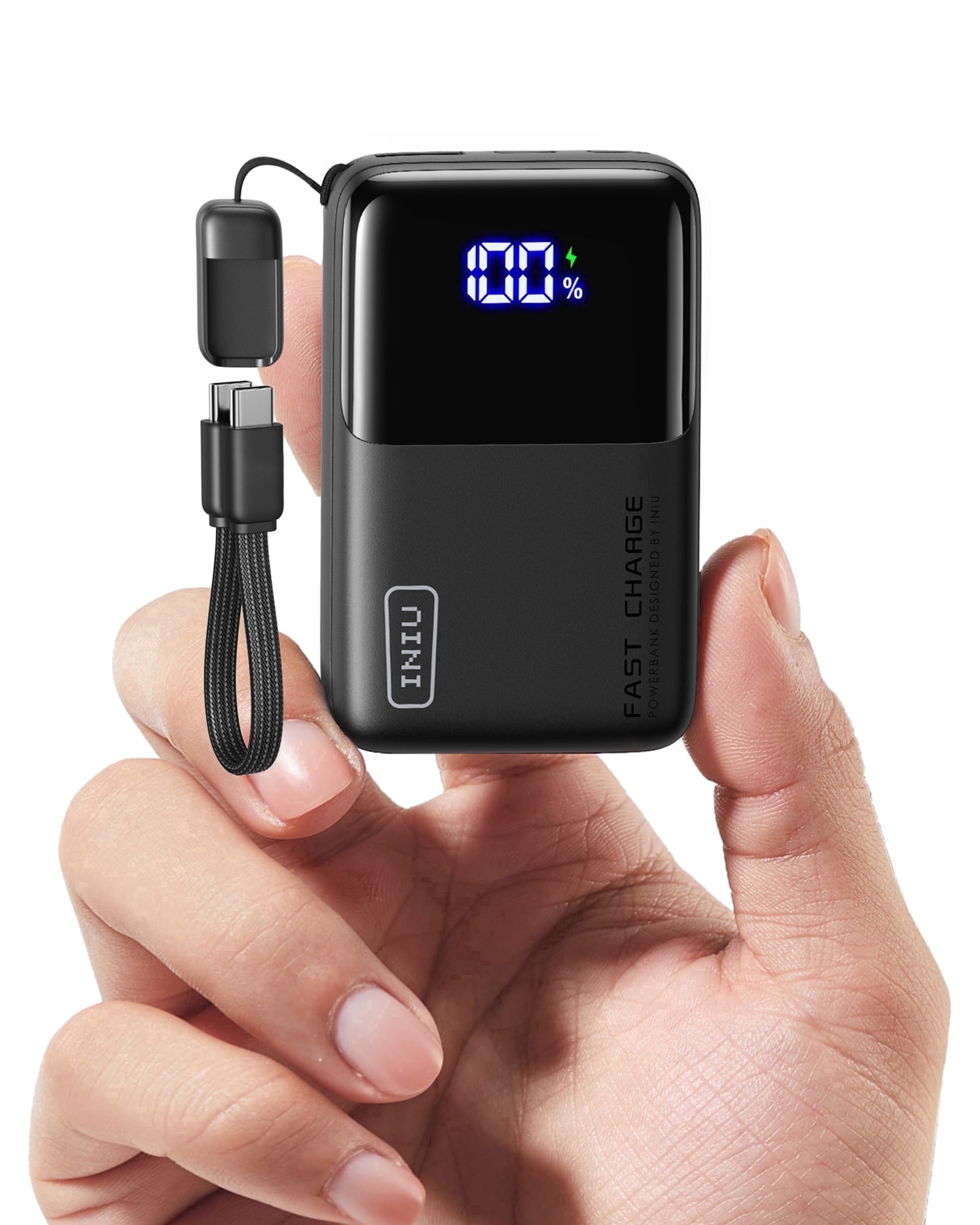 INIU Portable Charger, Ultra Mini 10000mAh 45W Fast Charging Power Bank with Detachable USB-C Cable (Black) yjaic