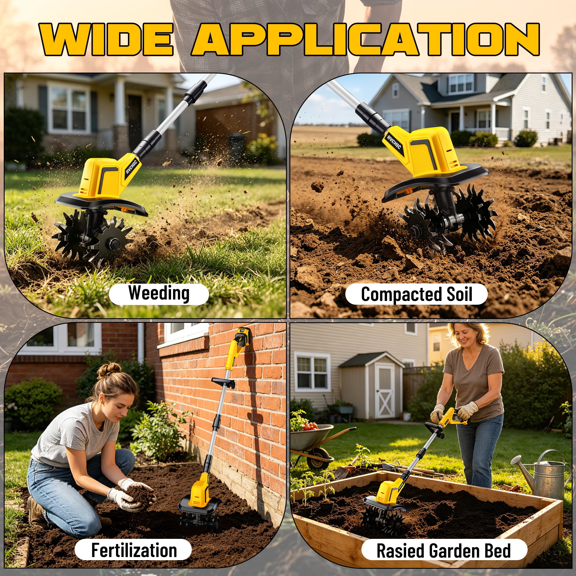 Rvchic 24V Cordless Tiller Cultivator, High-Speed Electric Garden Soil Aerator with 4 Steel Blades (Yellow, 4 in Width x 6 in Depth) 29fpt