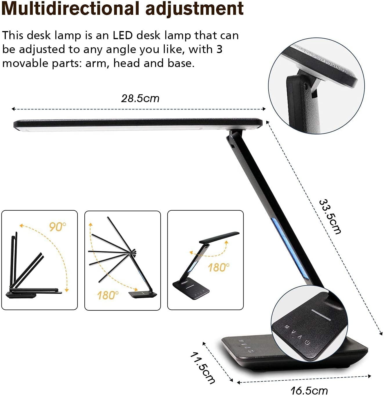 Lococo LED Desk Lamp with Wireless Charger and USB Port, Foldable Office Light with Clock and Alarm (Black, 1 Pack) bxw6e
