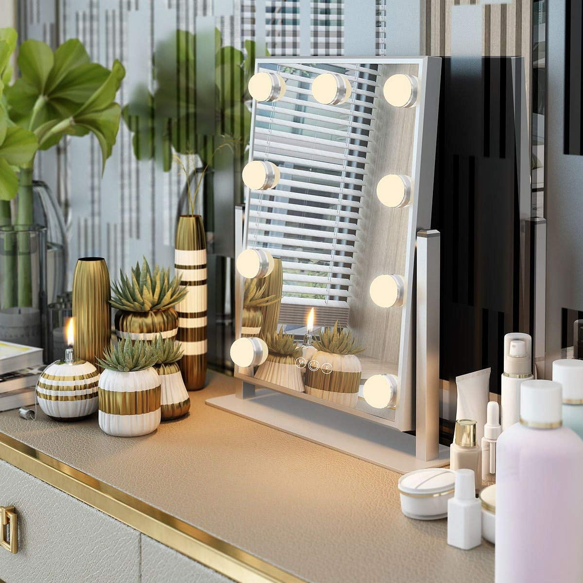 Fenchilin Vanity Makeup Mirror with Lights, 360 Degree Swivel Tabletop Mirror, Adjustable Brightness & 3 Color Modes (White, 12 in x 14 in) 0yz6e