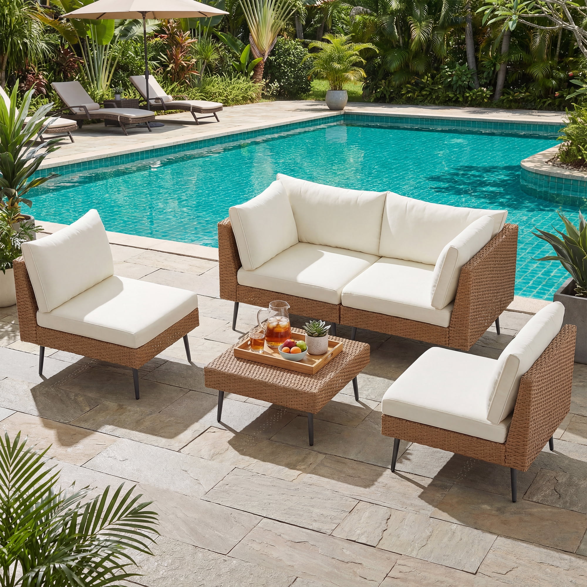 LAZZO 5-Piece Outdoor Wicker Conversation Set, All-Weather Sectional Sofa with 4 Chairs and 1 Ottoman (Beige, 5-Piece Set) snctr