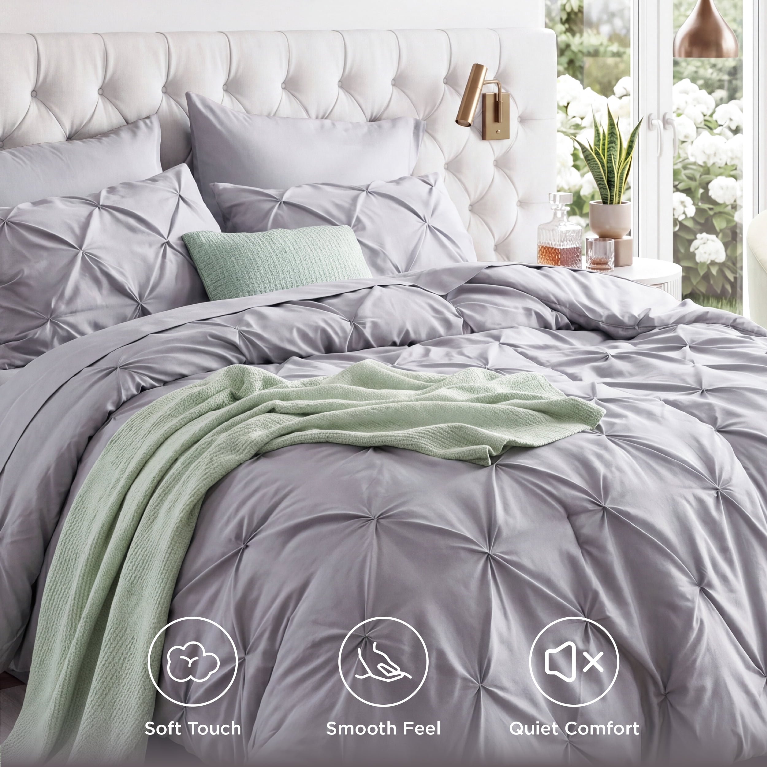 U by Bedsure Queen Comforter Set (Grey, 7-Piece Pinch Pleat All-Season Bedding) f1ptv