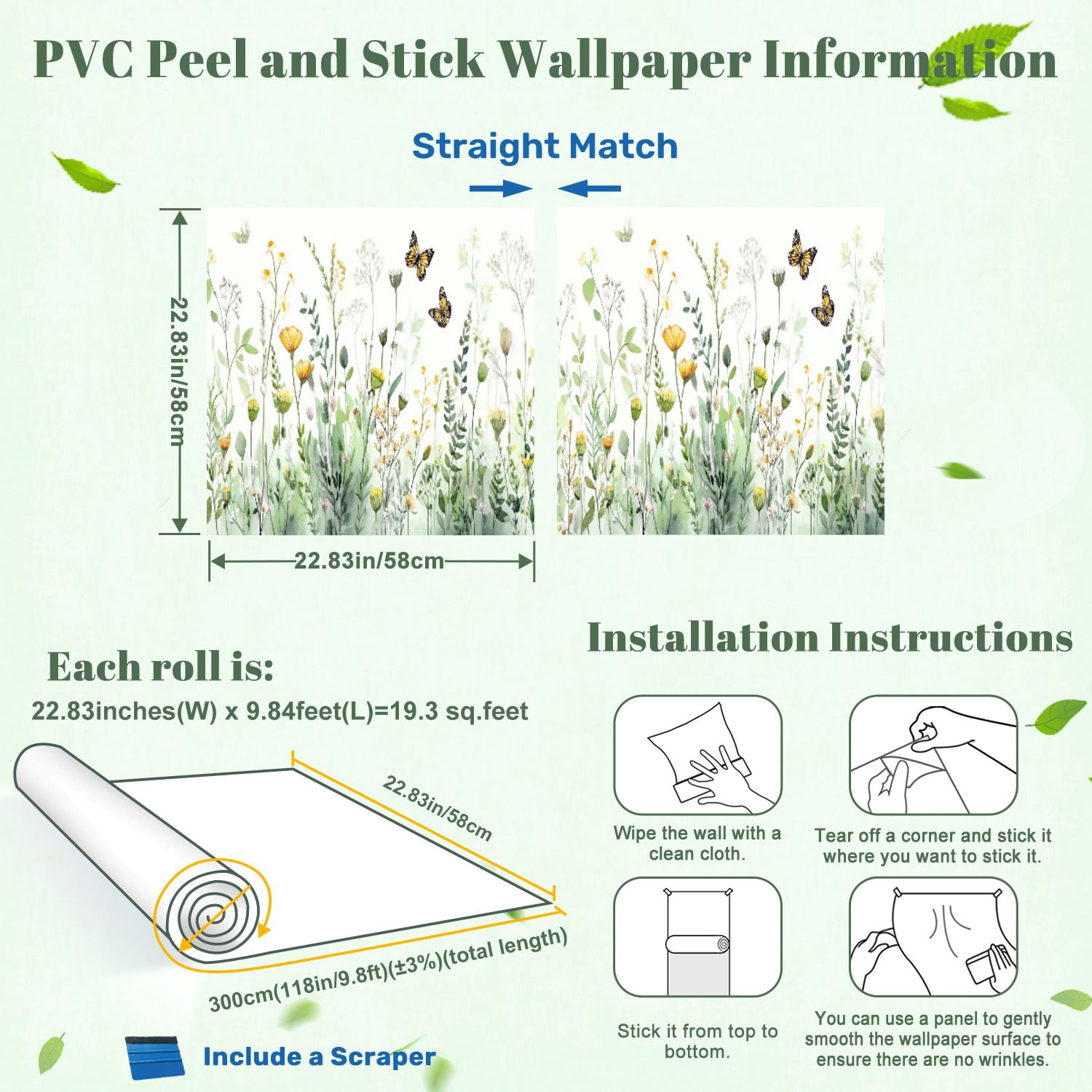 VETEB Peel and Stick Wallpaper Floral Abstract Yellow Flowers and Green Leaves (Yellow, 24 in x 118 in) kqroo