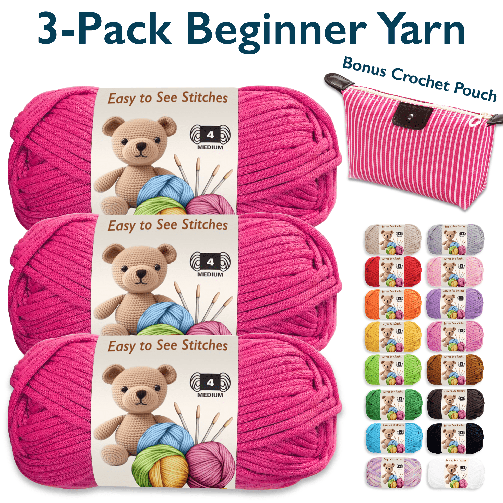 ComfiTime Beginner Crochet Yarn for Amigurumi and Knitting (Pink, 3-Pack, 165 Yds Total) 7dmsw