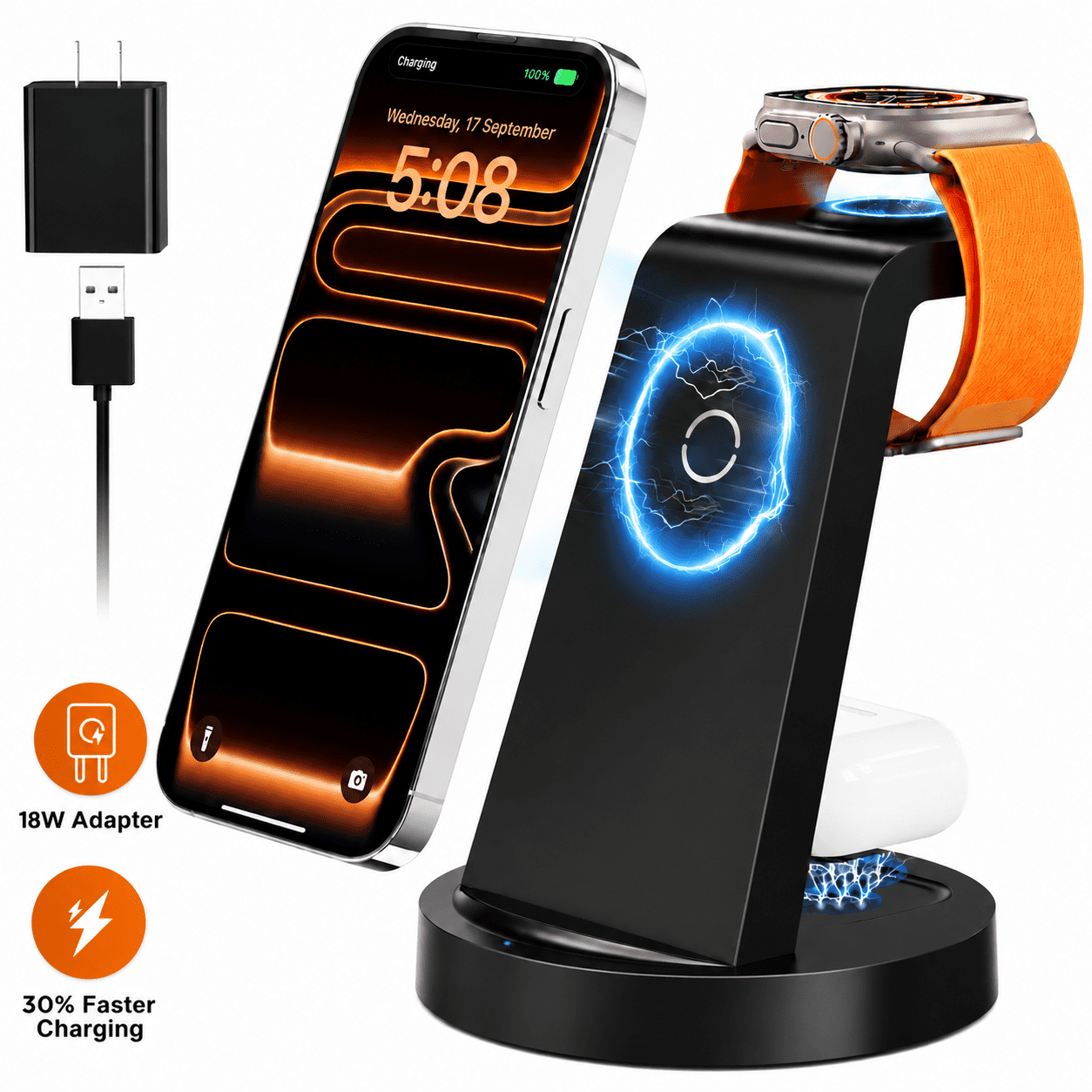 ETEPEHI 3-in-1 Wireless Charging Station for iPhone, iWatch, and AirPods (Black, 18W) nq7cv
