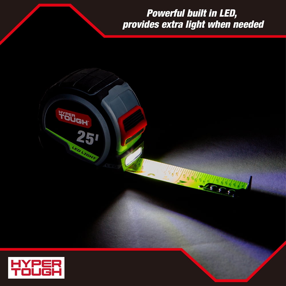 Hyper Tough LED Tape Measure with High-Visibility Blade (Grey, 25 ft) 2t2lw