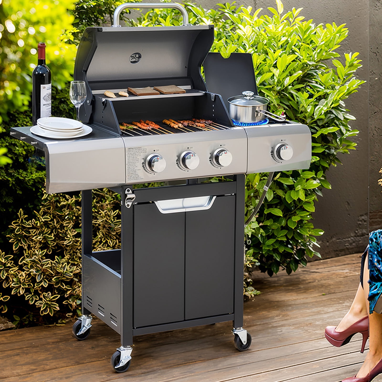 XXLYY 4-Burner Propane Gas Grill with Side Burner and Rain Cover, Stainless Steel Outdoor BBQ Grill (Black, 465 sq in) wrgyr