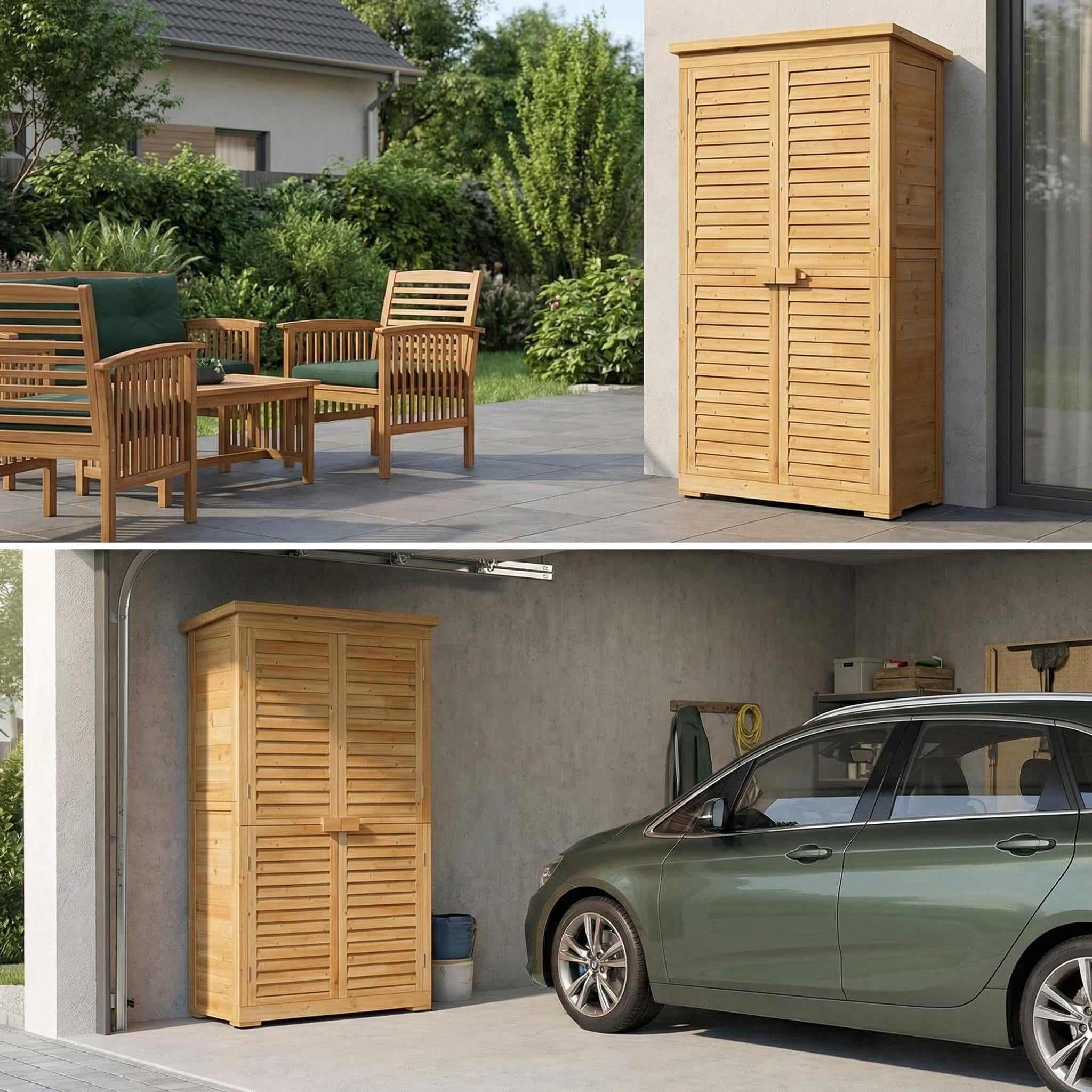 Lofka Outdoor Storage Cabinet, Weatherproof Garden Shed with Lockable Doors and Adjustable Shelves (Natural, 63.2 in) 71pwo