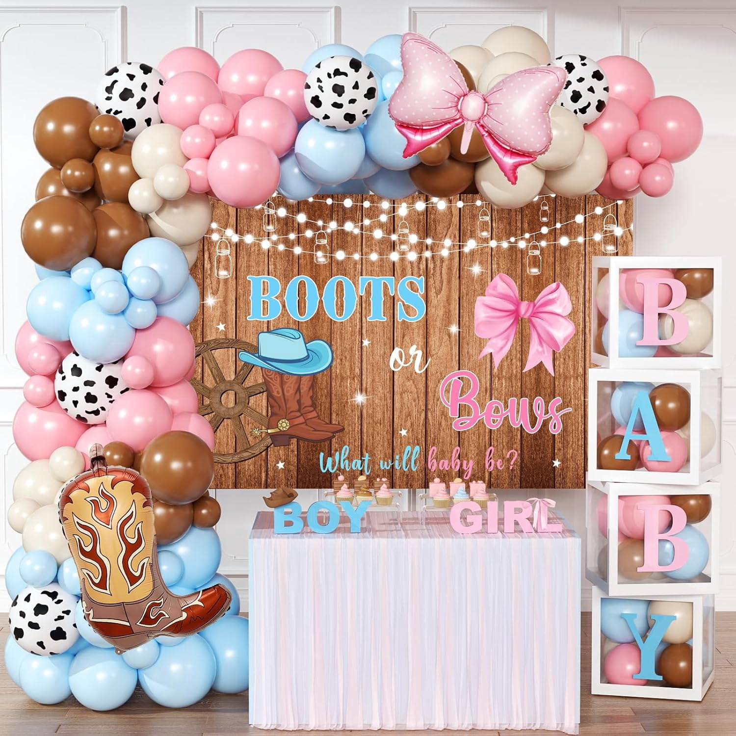 Generic Boots or Bows Gender Reveal Party Decorations (141-Piece Balloon Garland Kit, Baby Boxes, Backdrop) 7rek1