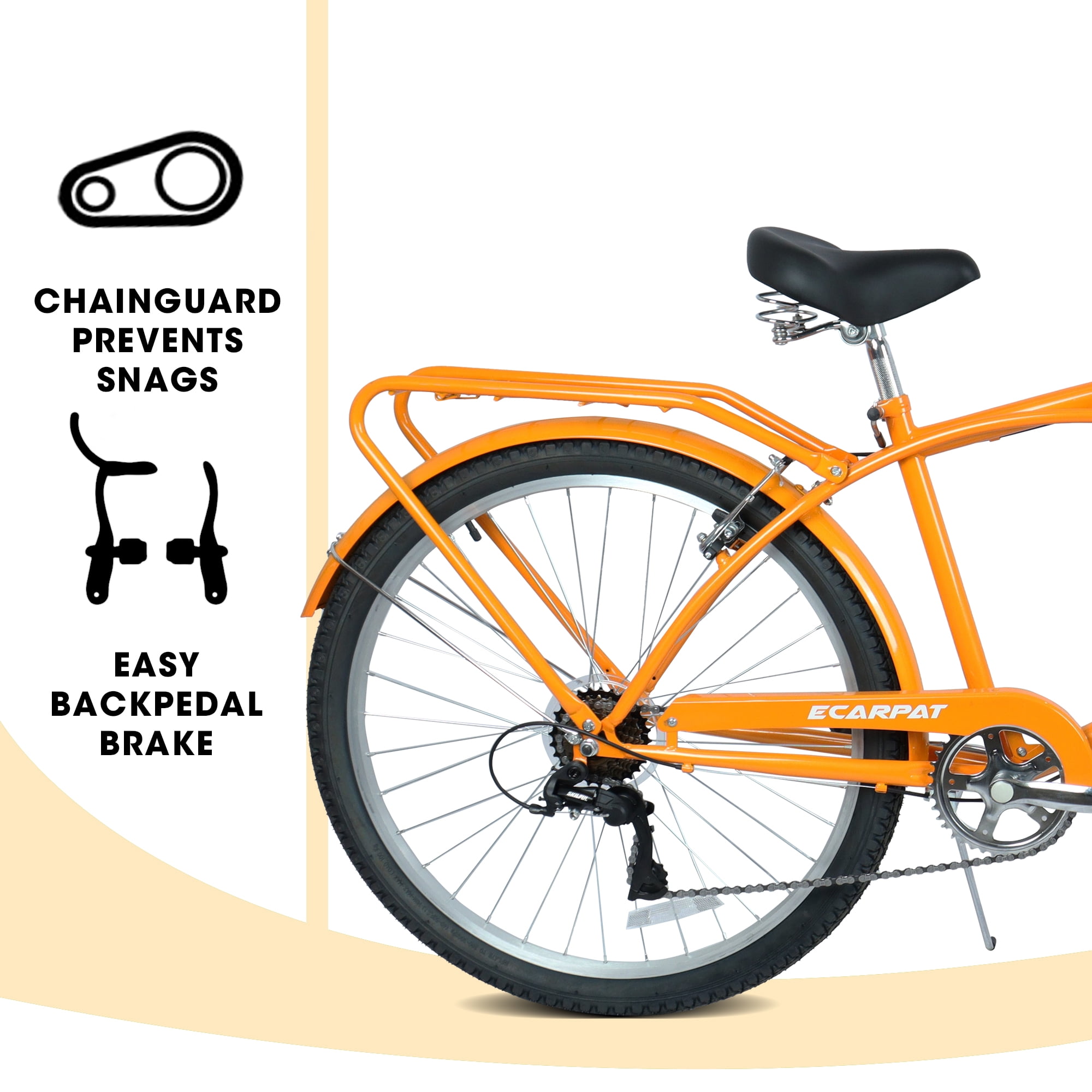 Ecarpat 26 Inch Beach Cruiser Bike, 7-Speed Commuter Bicycle with High-Carbon Steel Frame and Dual V-Brakes (Gold, 26 in) njl0u