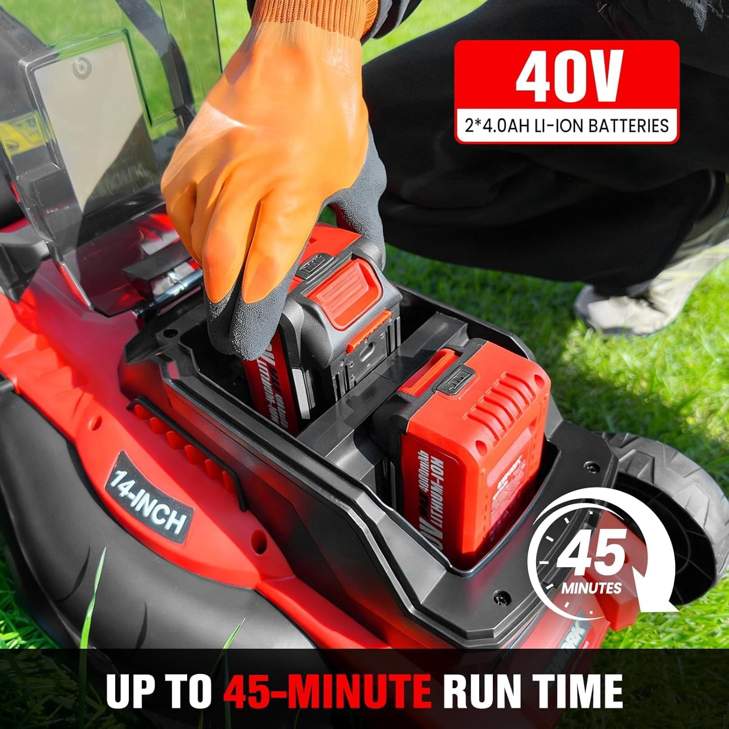 EWORK 40V Cordless Electric Lawn Mower, Lightweight Push Mower with 2 Batteries & Charger (Red, 14 in) r61g7