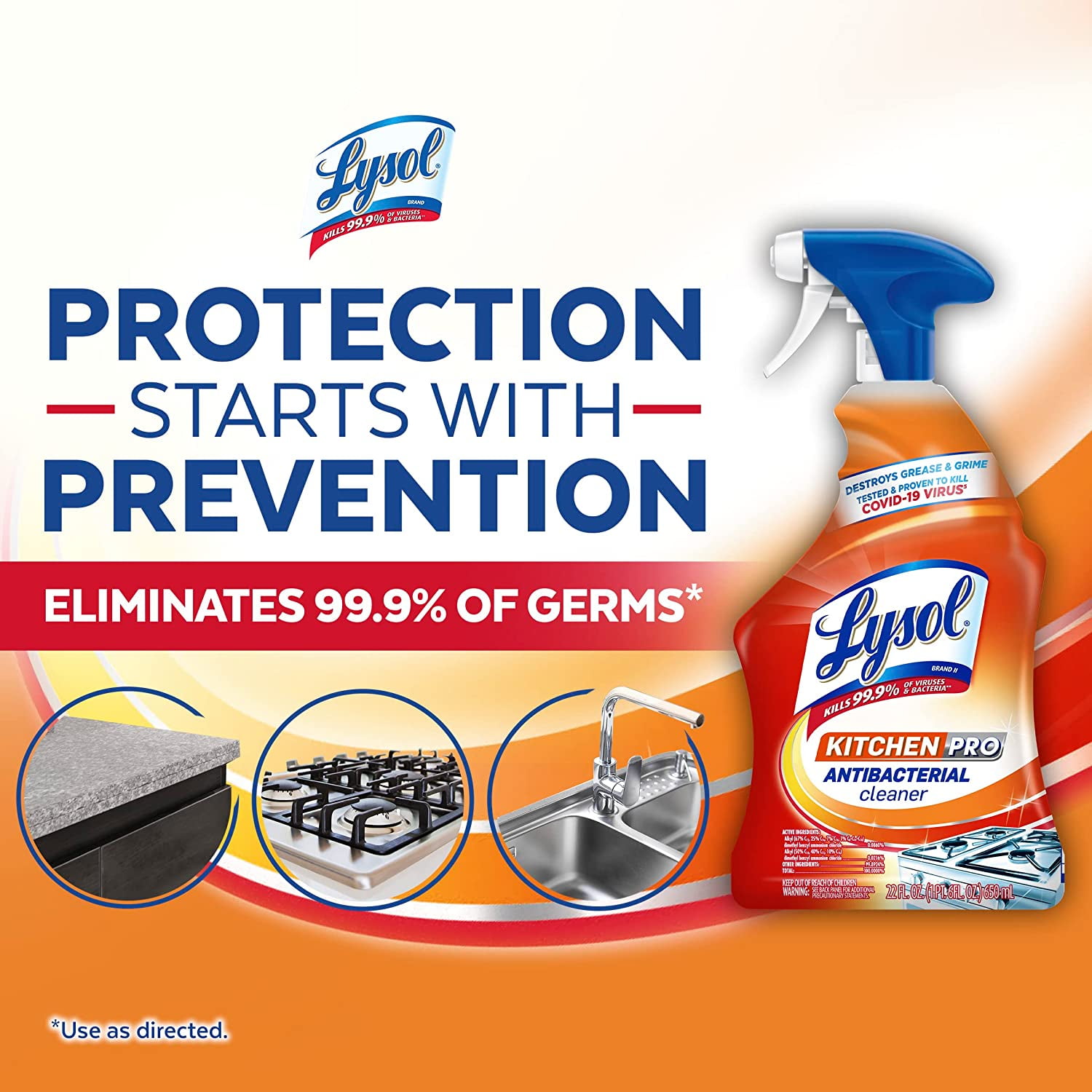Lysol Kitchen Pro Antibacterial Cleaner Spray, Grease-Cutting Formula (Atlantic Fresh, 22 fl oz, Pack of 3) r82h4