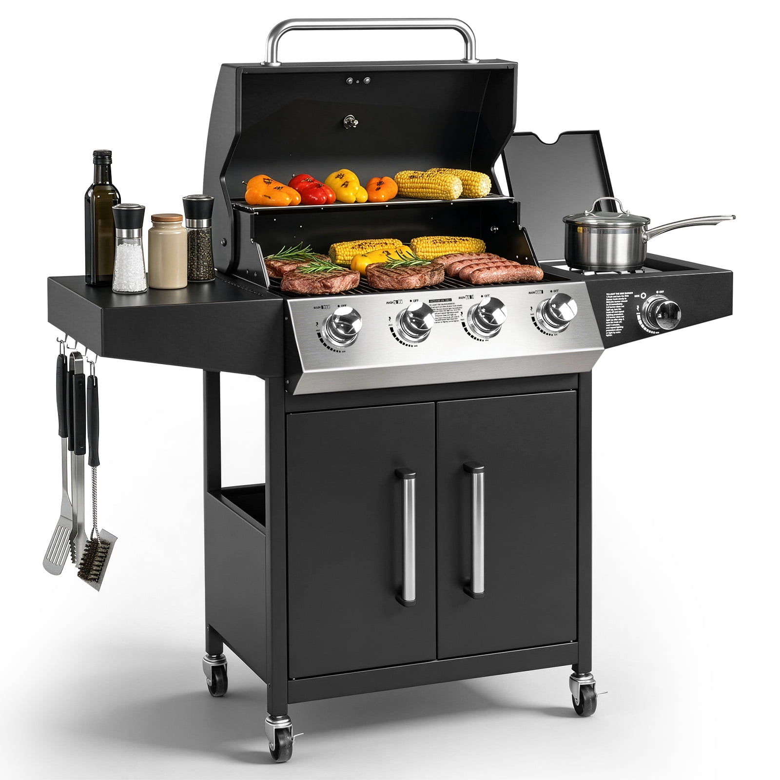Ktaxon 4-Burner Propane Gas Grill with Side Burner and Wheels (Black, 58000 BTU) 7pug5
