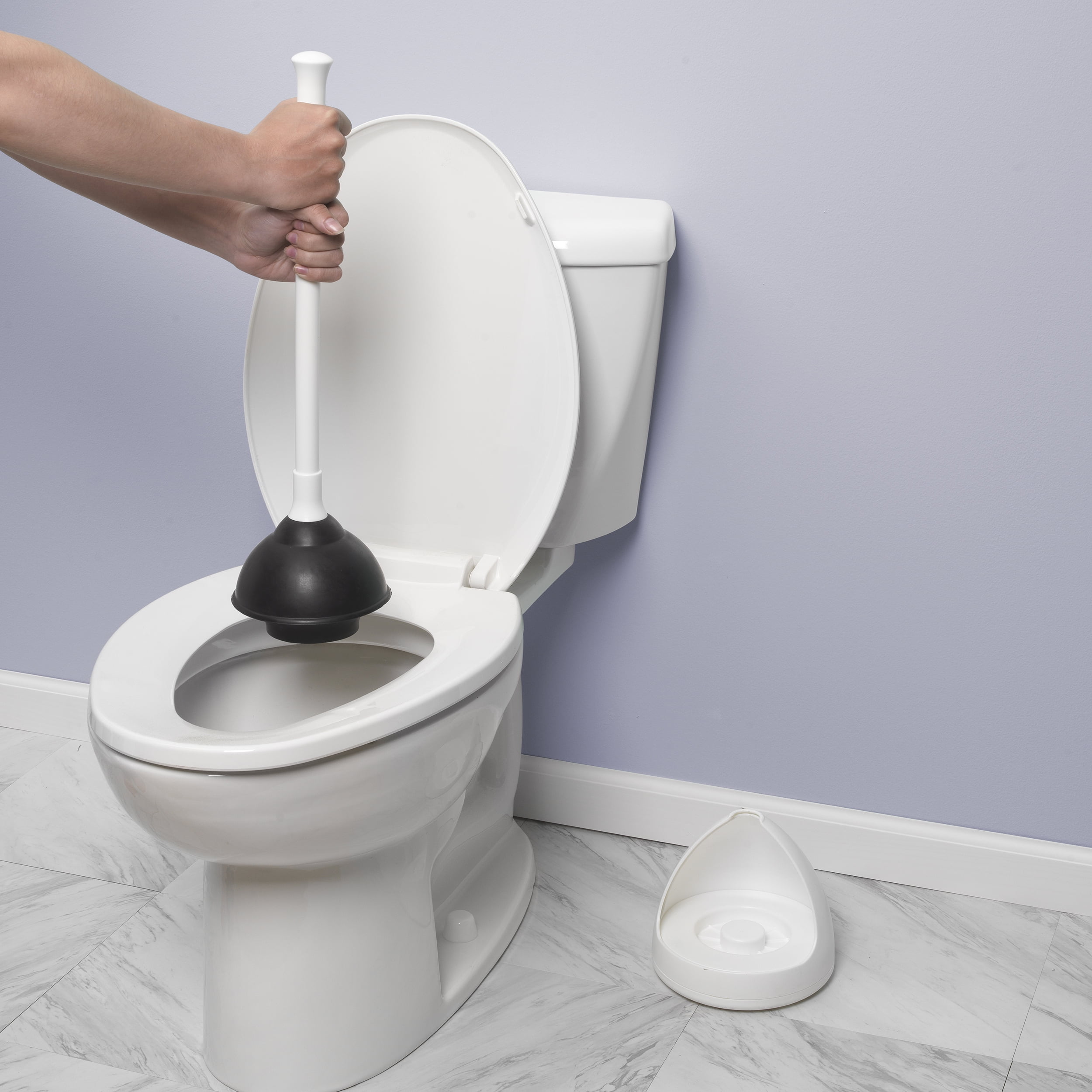 PlumbCraft Toilet Plunger and Drain Unclogger with Twist Caddy Storage Holder (White, 1 Pack) y01hn