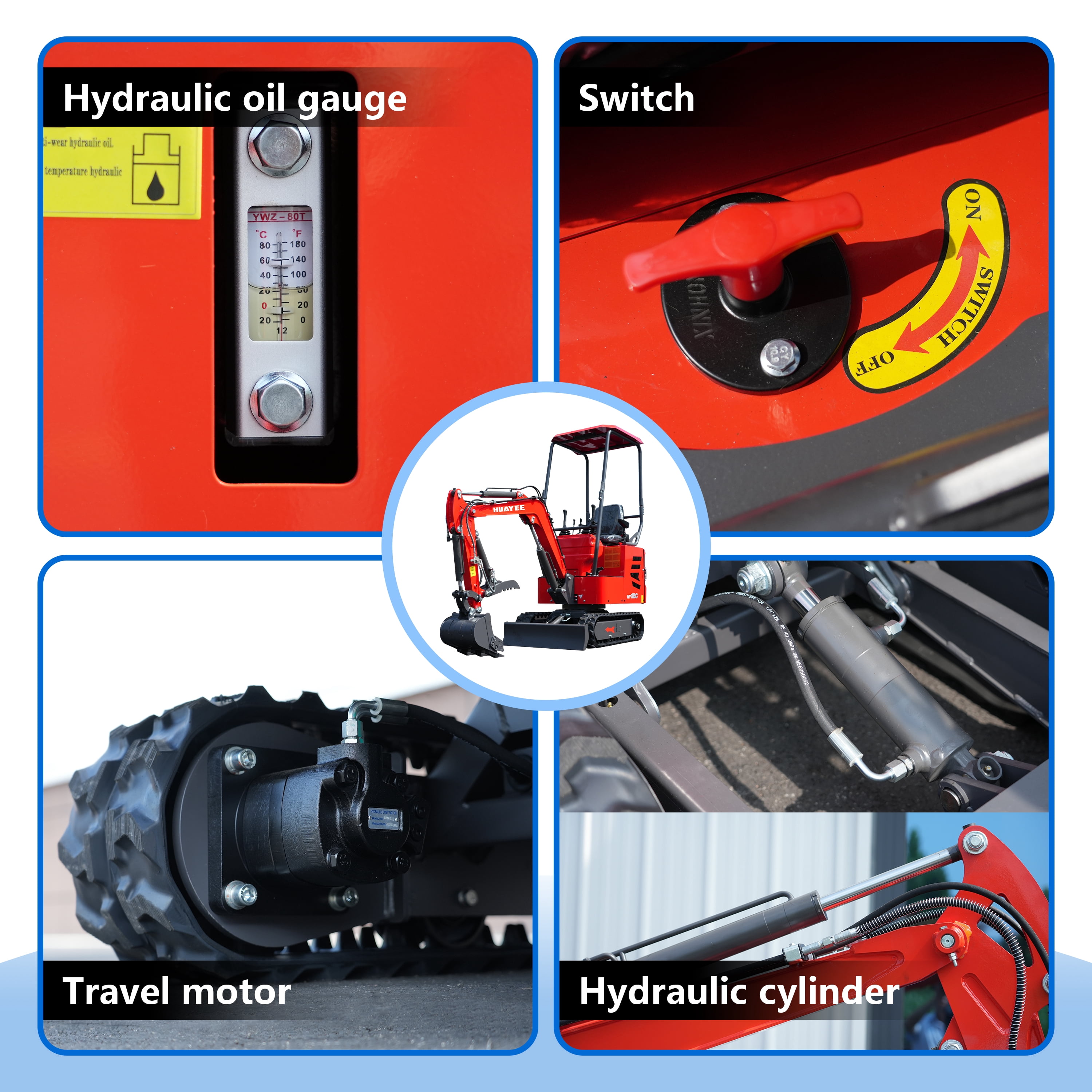 HUAYEE HY12C Mini Excavator with Hydraulic Thumb and 13.5 HP EPA Gasoline Engine (1.2 Ton, 31.5 in Bucket) utyy3