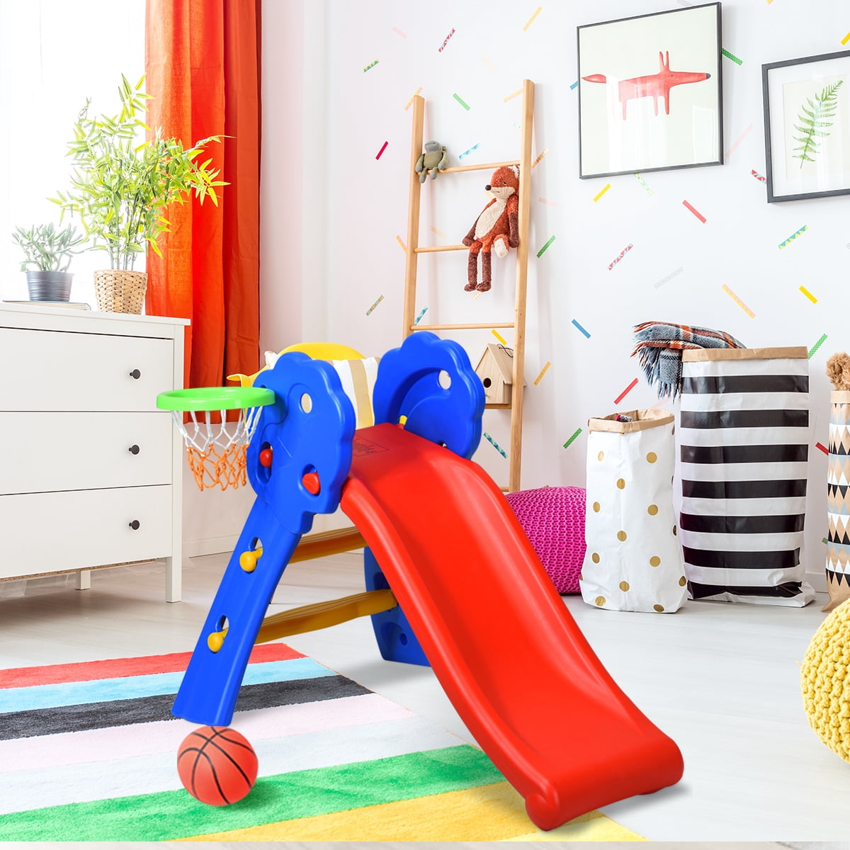 INFANS 2-Step Folding Slide with Basketball Hoop for Kids Indoor and Outdoor Play (Red) 39kw0