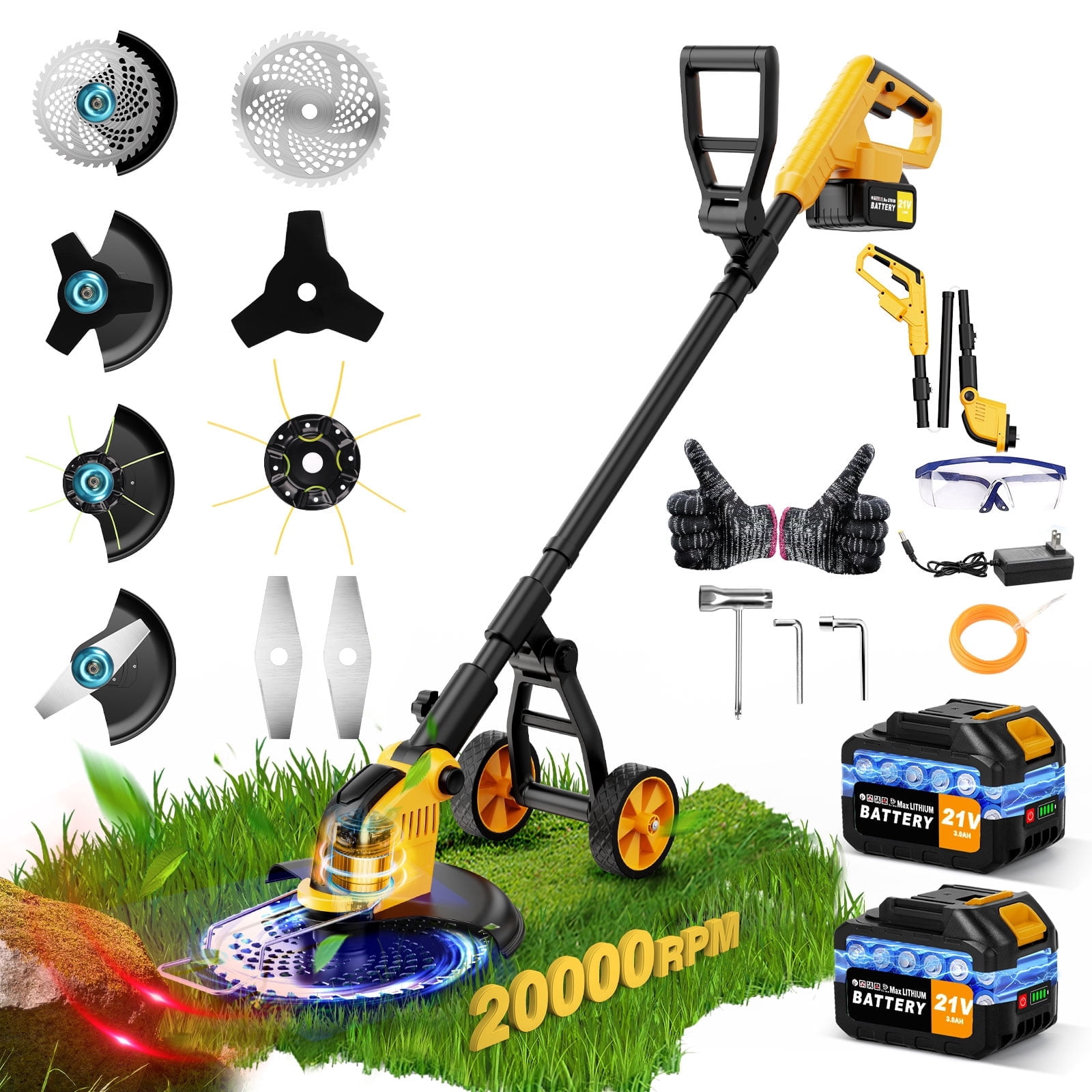 Lemolifys 12-inch Cordless Brushless Weed Eater with Wheels and 5 Blades (Yellow, 21V Battery) b80p4