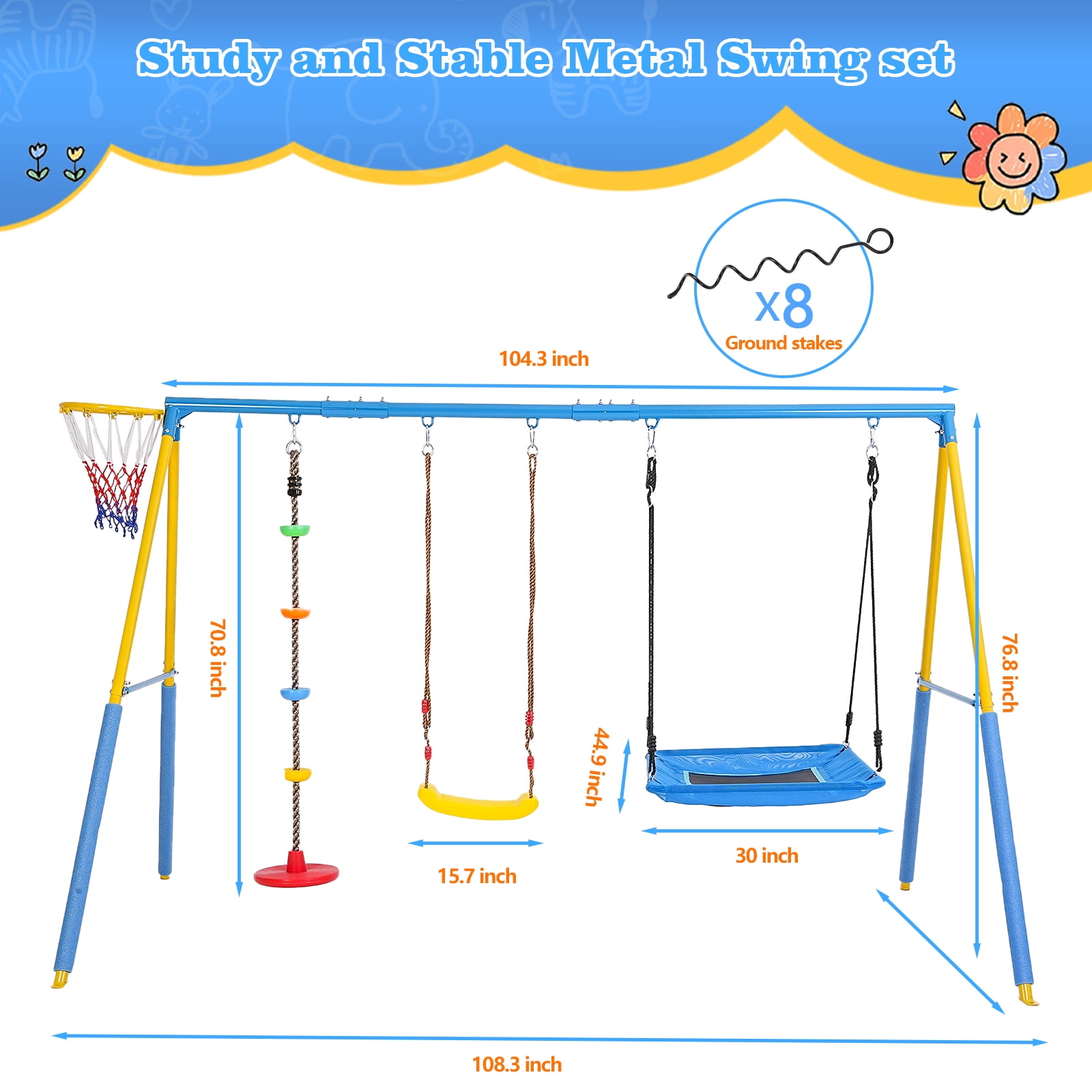KALNUR 4-in-1 Outdoor Metal Swing Set with Saucer Swing, Climbing Rope, and Basketball Hoop (Blue, 127 in x 79 in x 80 in) qk5dz