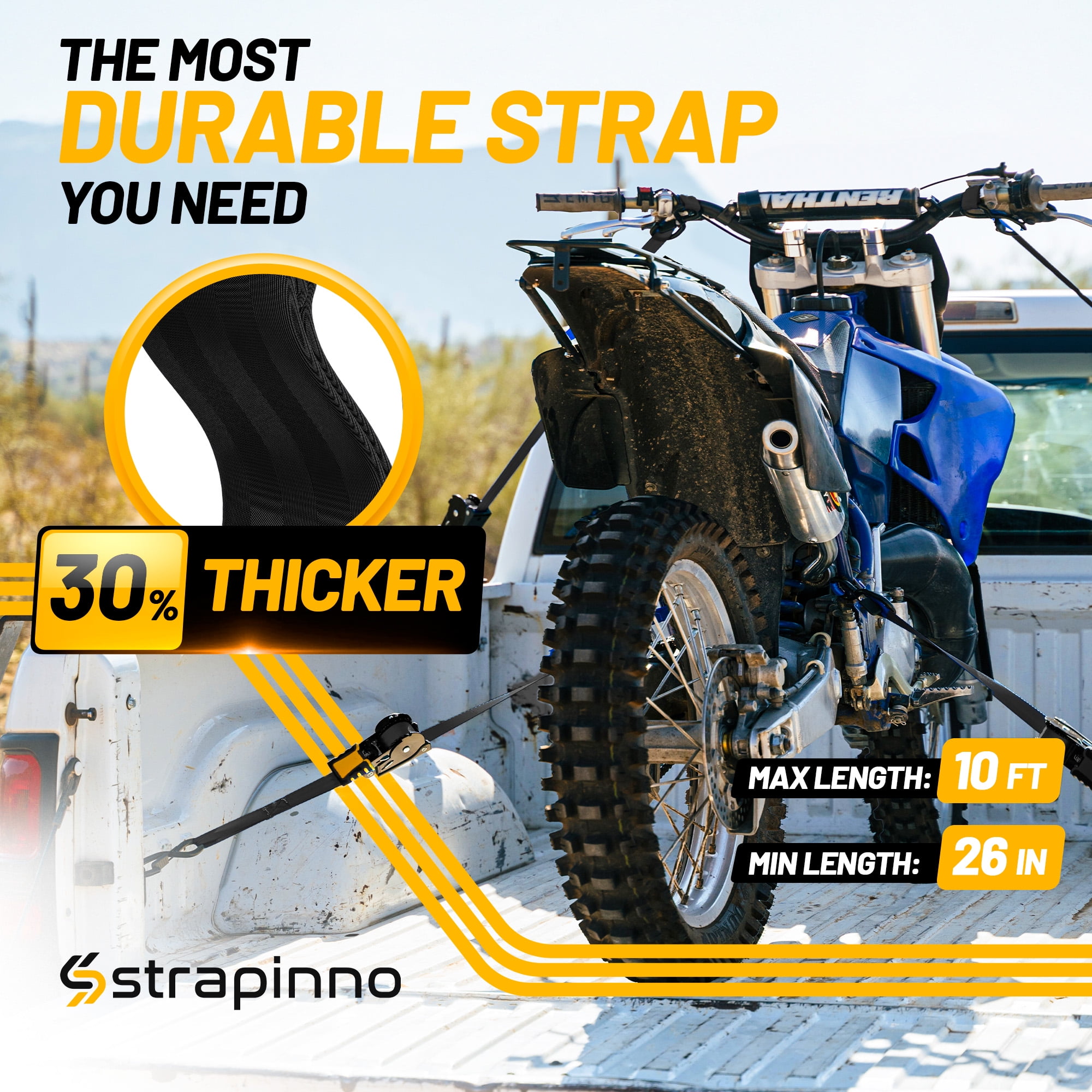 Strapinno Retractable Ratchet Straps with Rubber-Coated Handles and S-Hooks, Heavy-Duty Cargo Tie-Downs for Motorcycles and Bikes (Black, 4 Pack, 1 in x 10 ft) bz8oz