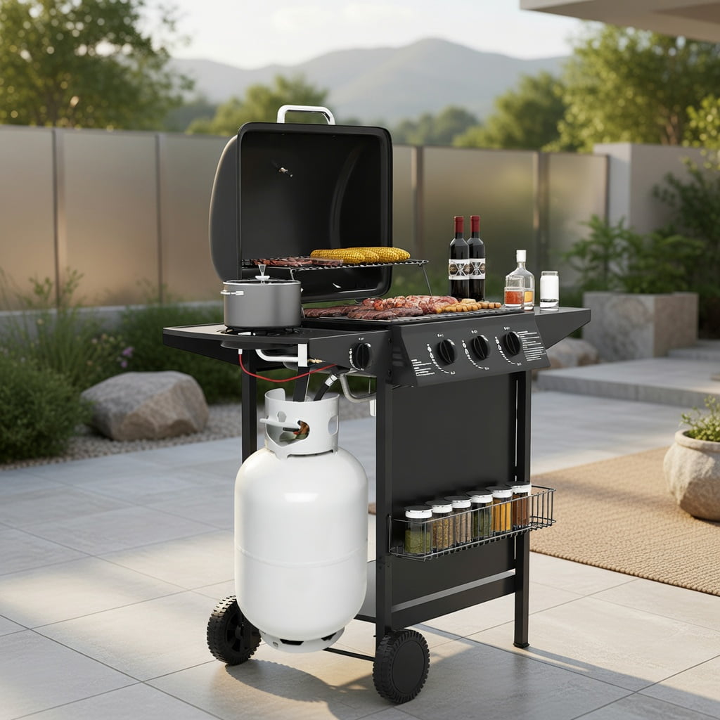 Kadyn 39,000 BTU Heavy-Duty Propane Gas Grill with Side Burner (Black, 4-Burner) dw8l6