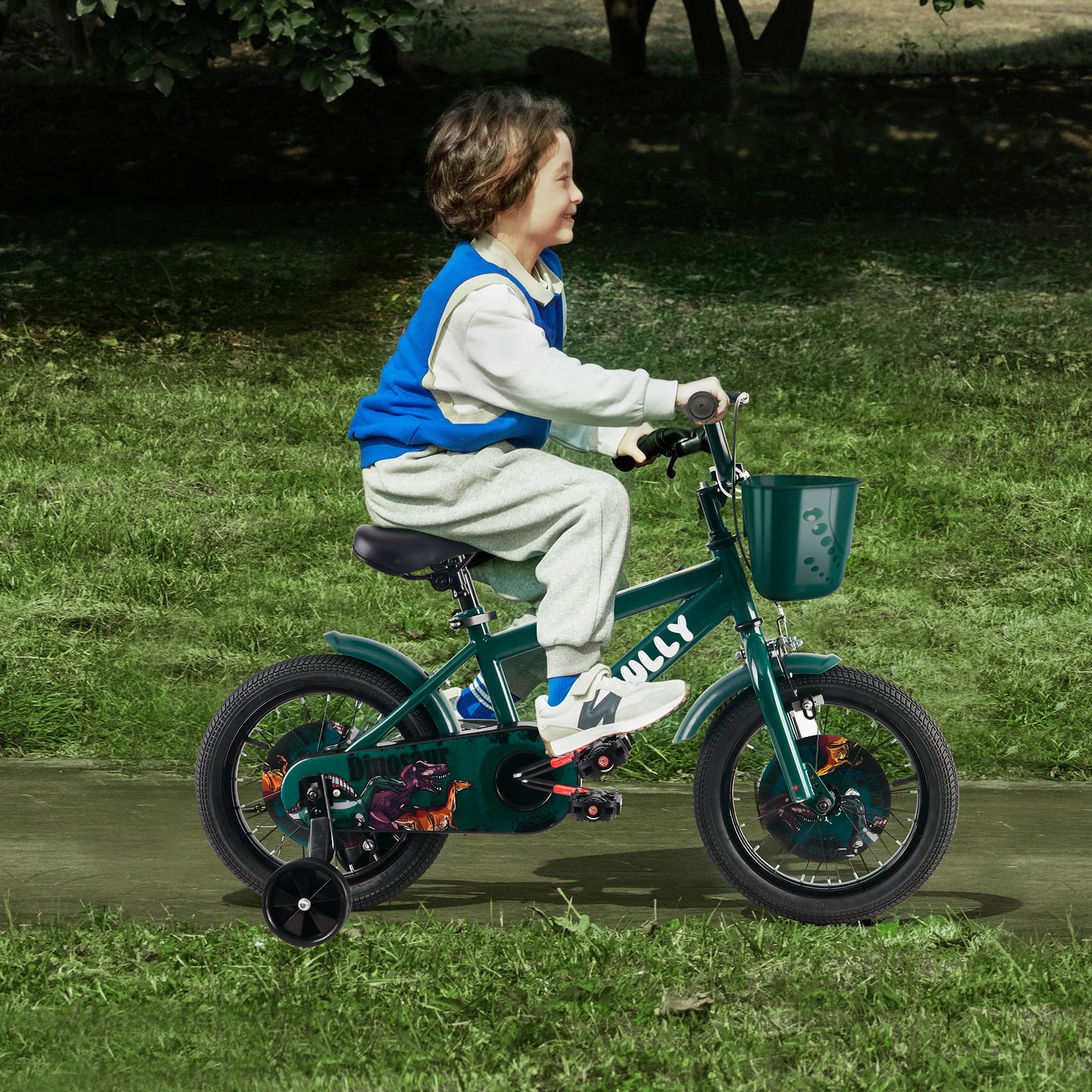 RULLY Dinosaur Kids Bike for Boys, Training Wheels, Basket, Coaster Brake (Green, 16 in) s1aor
