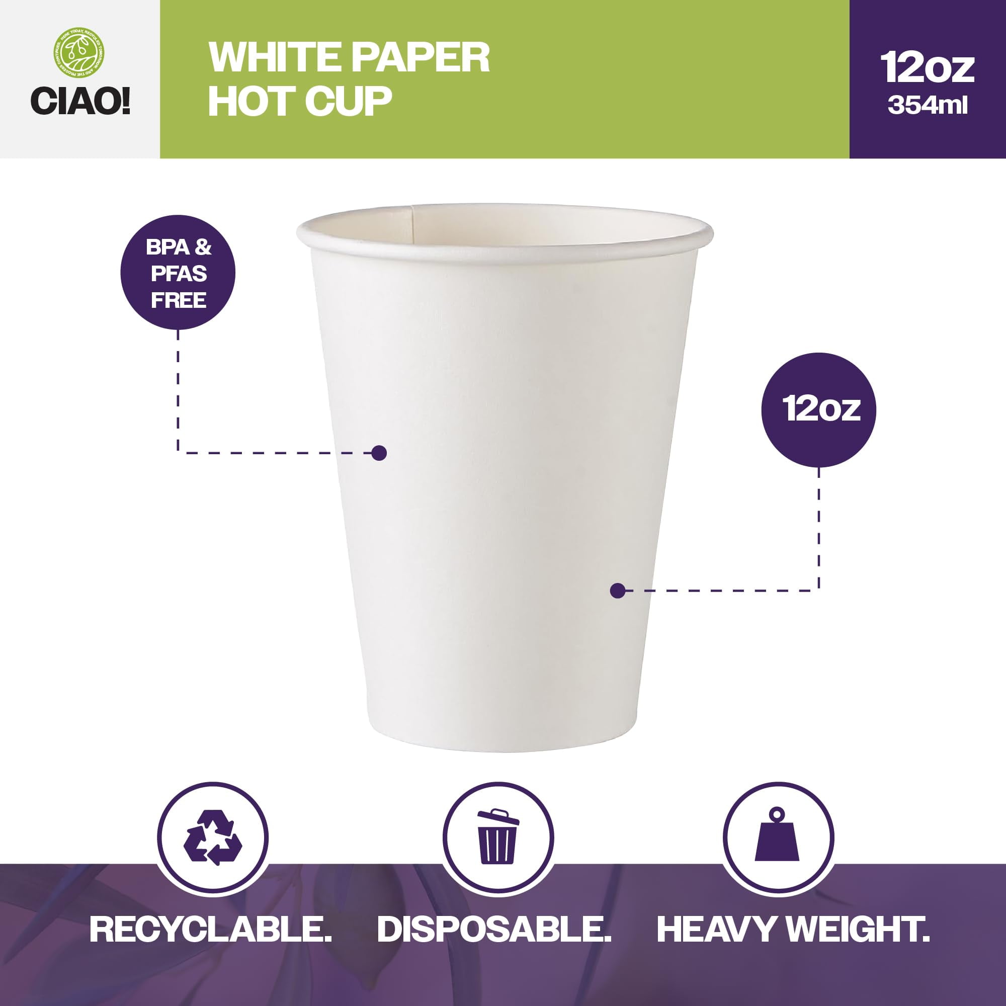 CIAO! Disposable Paper Hot Cups, Insulated Coffee and Tea Cups (White, 12 fl oz, 1000 Count) 4i4wq