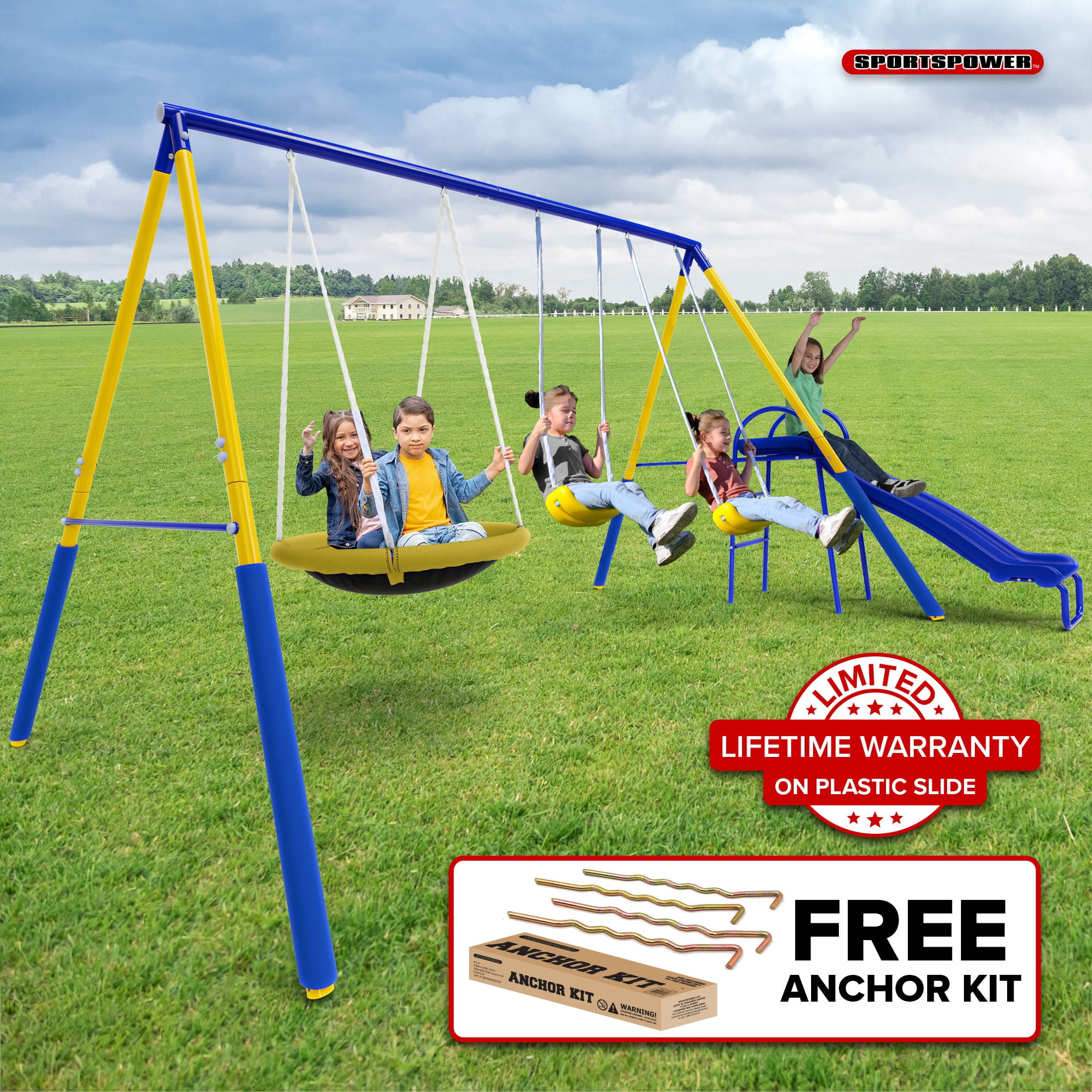 Sportspower Super Saucer Metal Swing Set with 2 Swings, 2-Person Saucer Swing, and 5 ft Slide (Blue, 12.2 ft L x 6 ft W x 5.9 ft H) xh31n