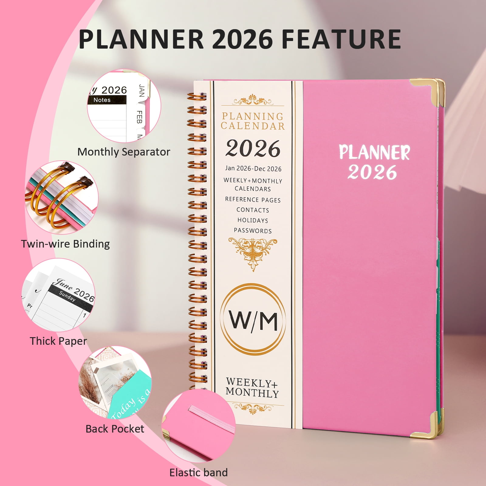 SUOSDEY 2026 Weekly and Monthly Planner, Academic Agenda Organizer with Calendar Tabs (Pink, 6.5 in x 8.5 in) iz5xe