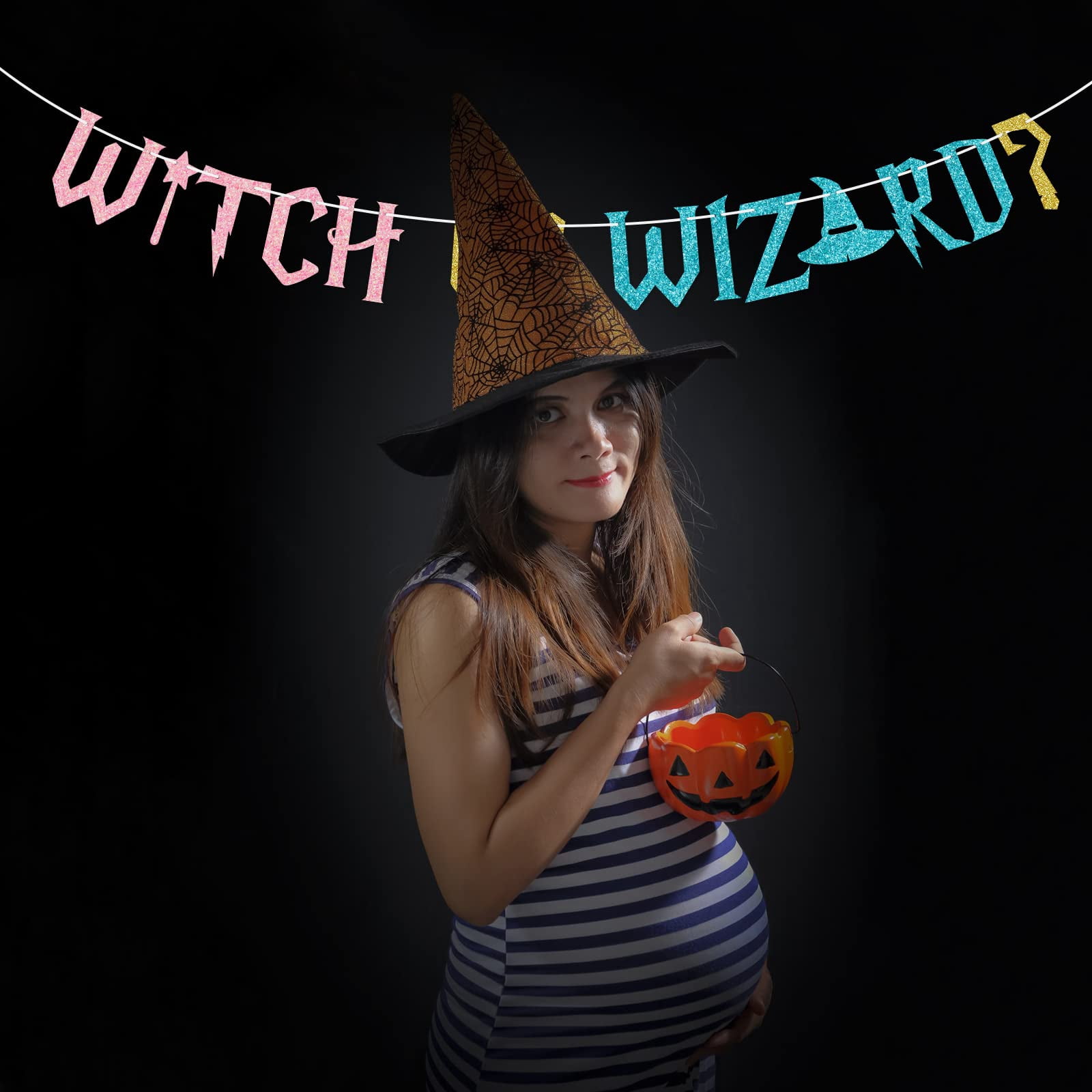 Qttier Witch or Wizard Glitter Banner, Gender Reveal Party Decorations (Pink and Blue, 9.8 ft) nbwto