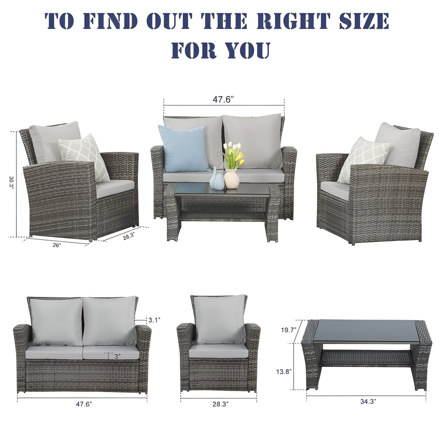 Heynemo 4-Piece Outdoor Patio Furniture Set, Wicker Sectional Sofa with Coffee Table (Gray, 4-Piece Set) sn4ow