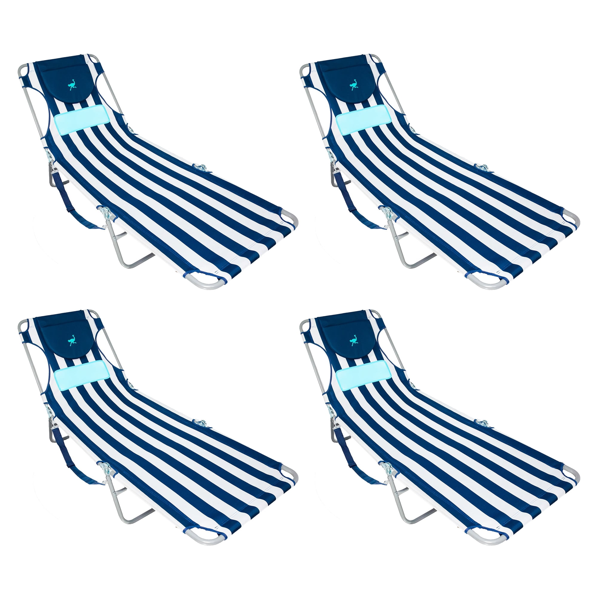 Ostrich Comfort Lounger Face Down Sunbathing Beach Chair with Pillow and Arm Slots (Navy Stripes, 4 Pack) k434n