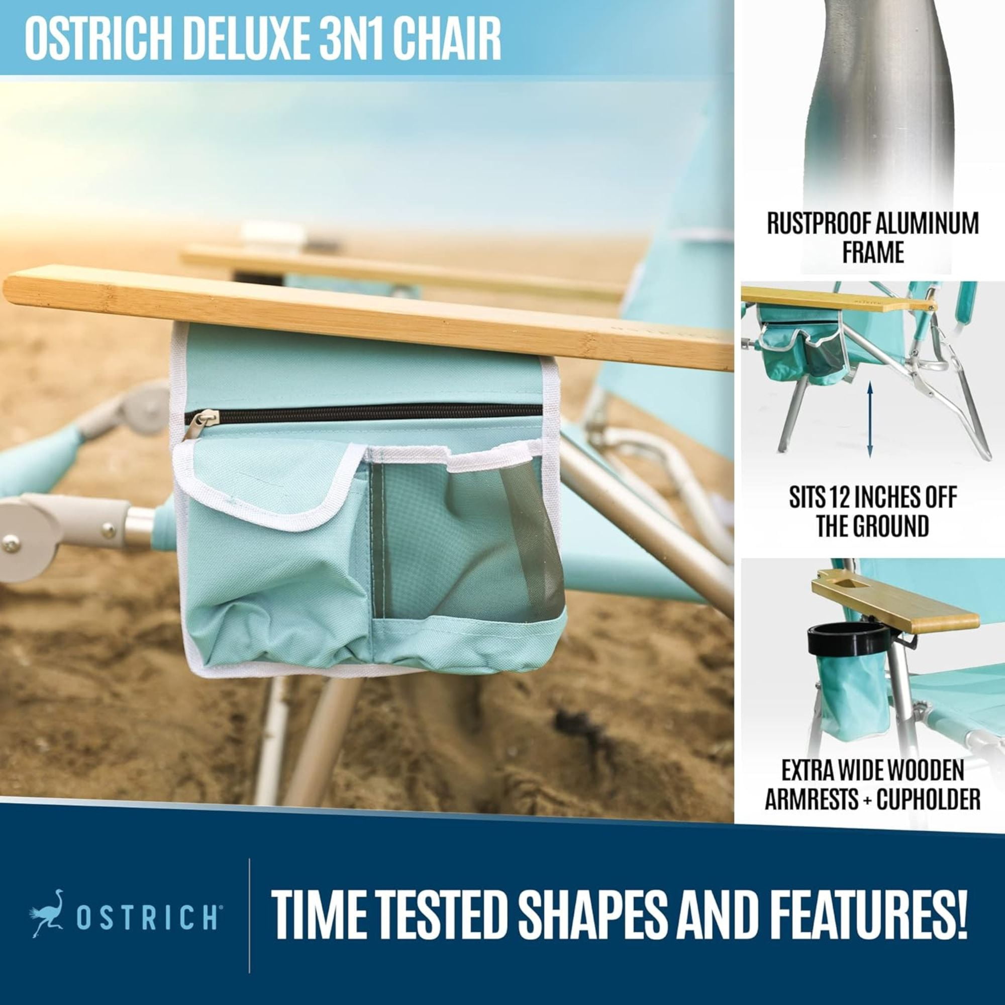 Ostrich Deluxe 3-in-1 Lightweight Outdoor Beach Lounge Chair with Footrest (Aqua, 60.76 in x 28.10 in x 39.73 in) 3px9w
