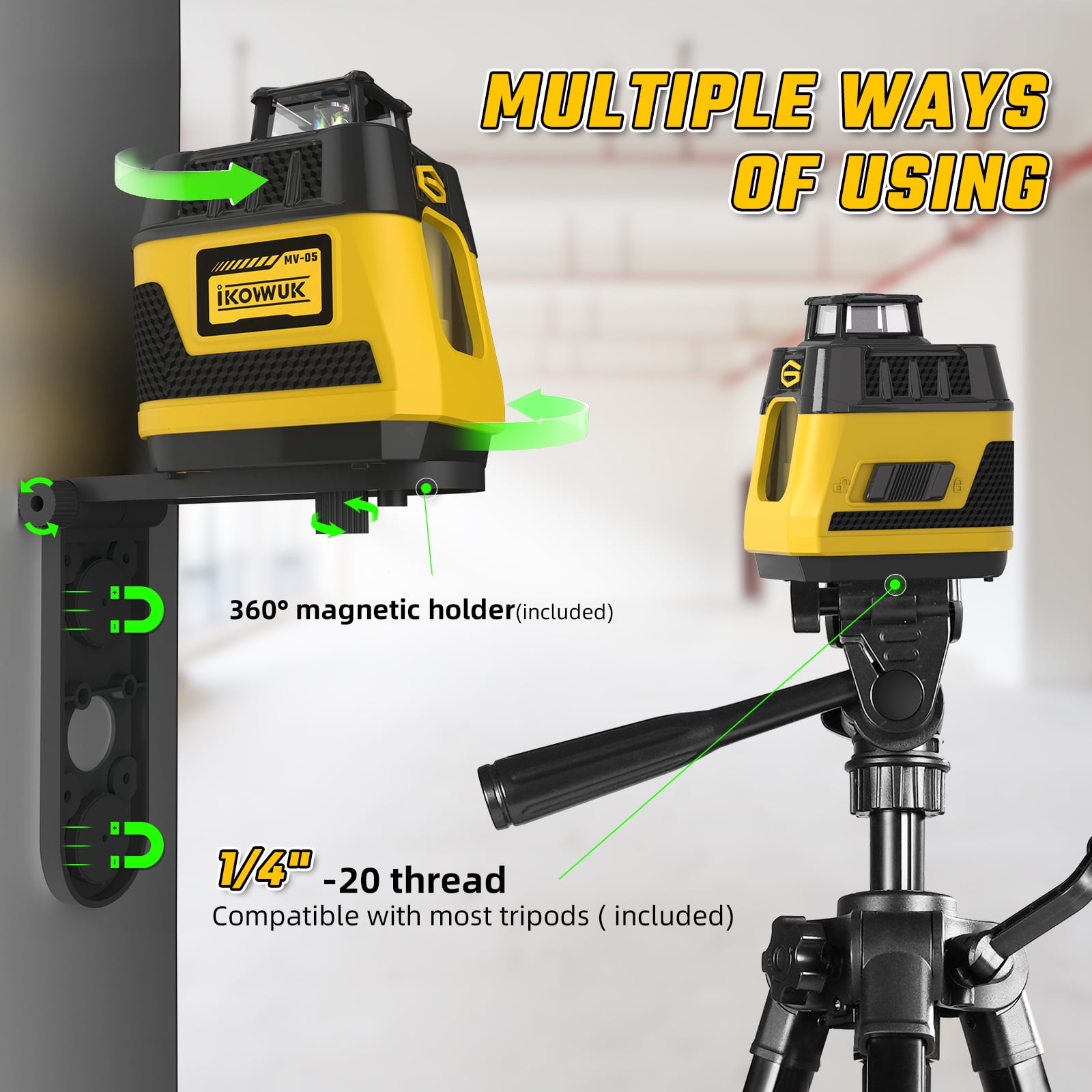 IKOVWUK 3x360° Cross Line Laser Level Kit with Remote Control and Adjustable 59.8-inch Tripod (Green, 1 Kit) il06z