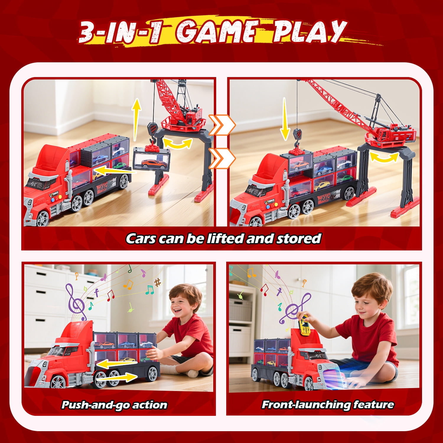WonderStone 3-in-1 Fire Rescue Truck Playset with Crane, 12 Die-Cast Cars, and 6 Dinosaur Figures (Red, 17.33 in x 7.48 in x 4.33 in) 5bsgw