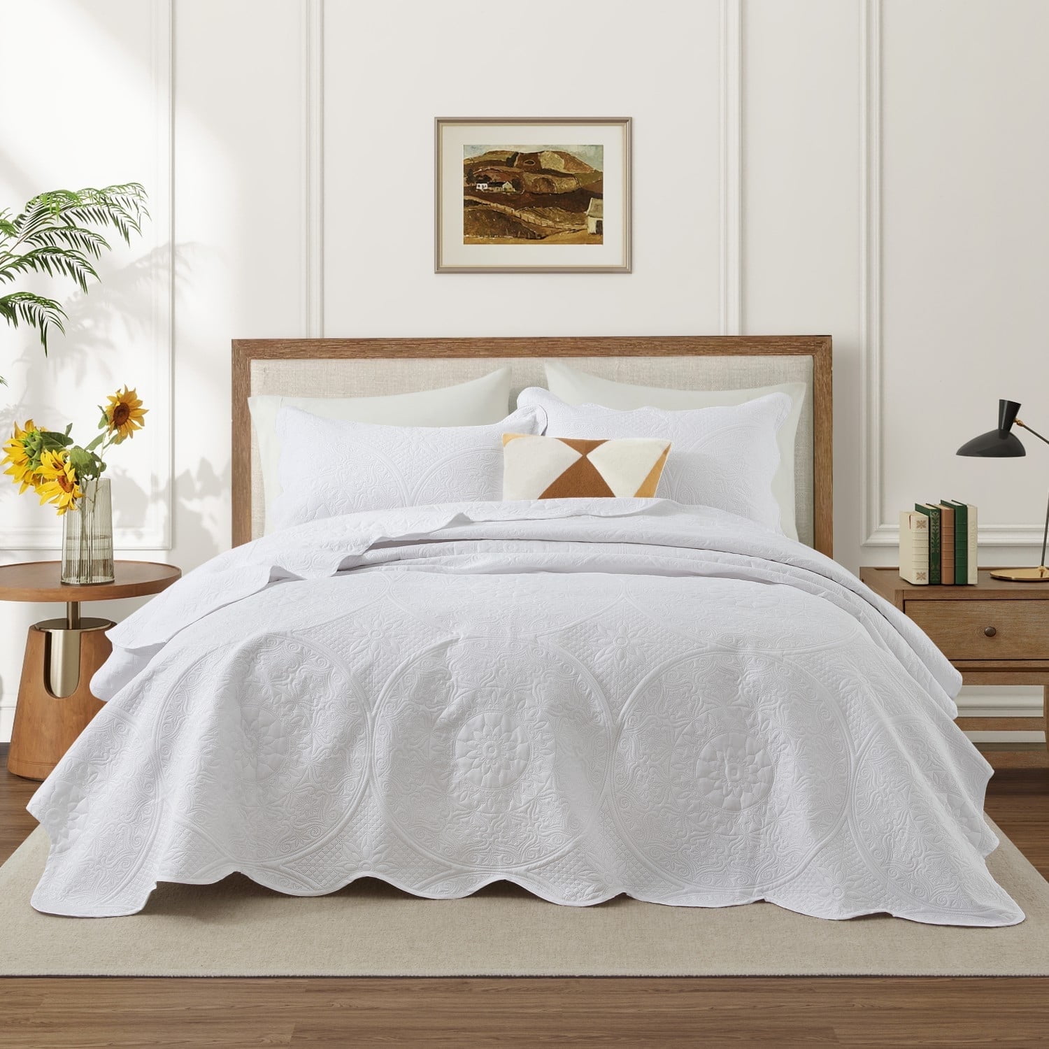 Ameha 3-Piece Quilt Set Embossed Floral Microfiber Bedspread (White, Queen Size) ia7b4