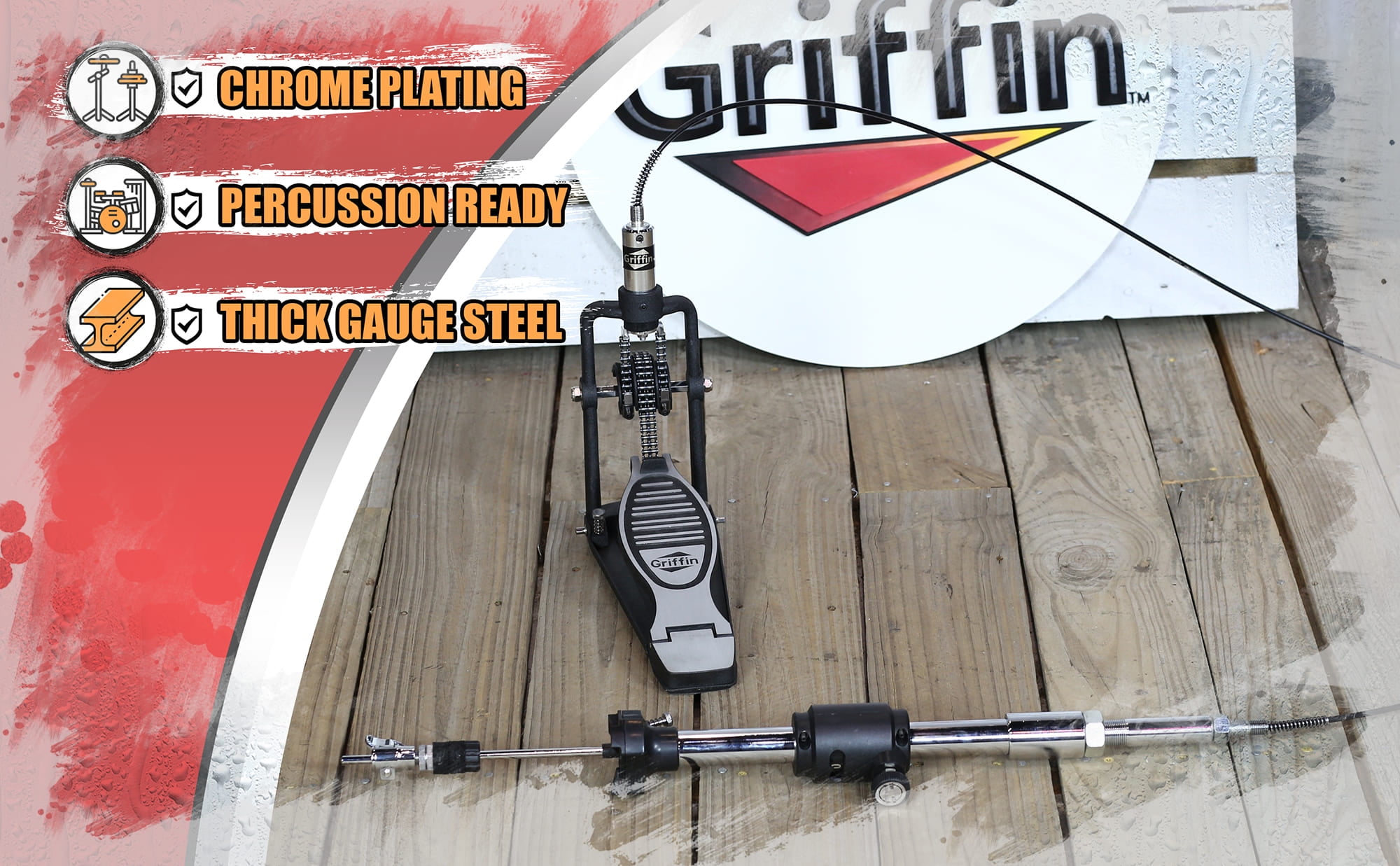 Griffin Remote Hi-Hat Cymbal Stand with Auxiliary Cable Foot Pedal (Chrome, 4.5 ft Cable) boi7o