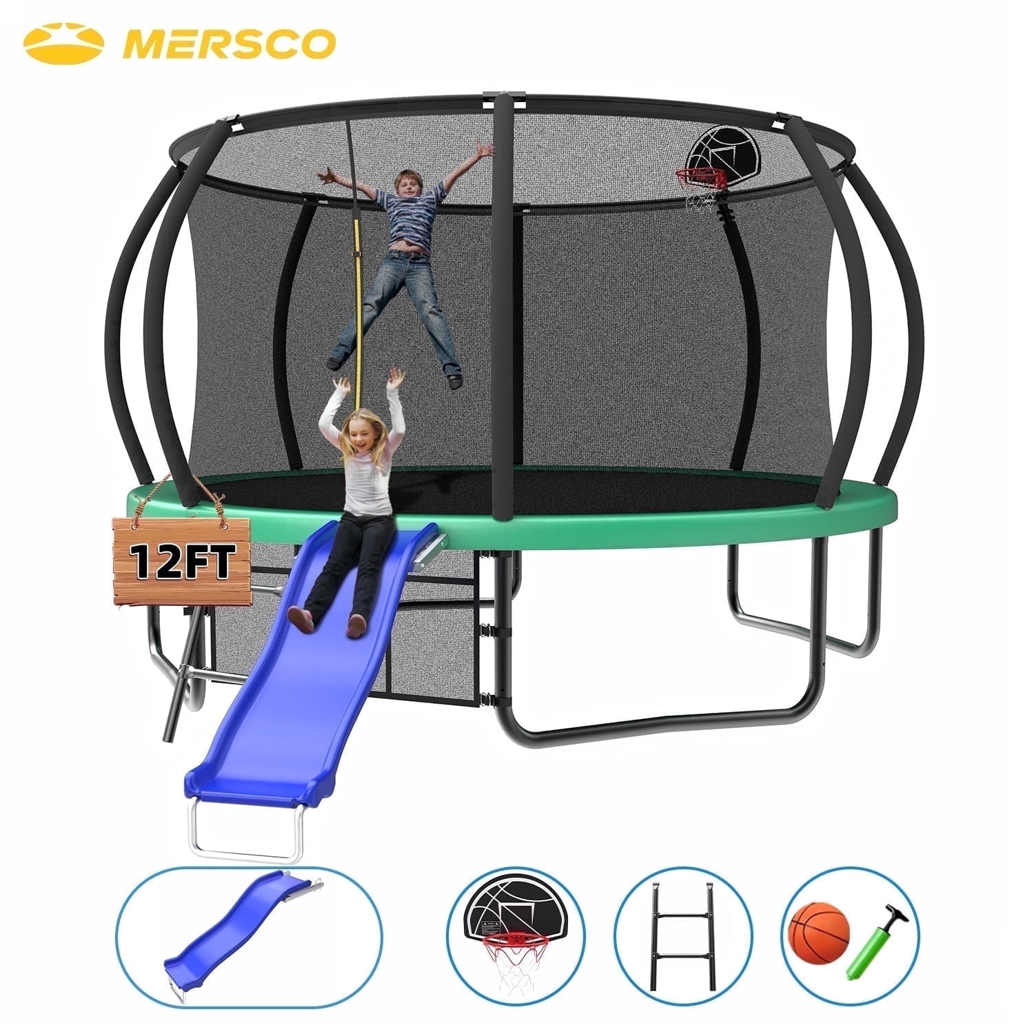 Mersco 12ft Heavy Duty Outdoor Trampoline with Enclosure Net, Slide, and Basketball Hoop (Green, 12 ft) gfnot