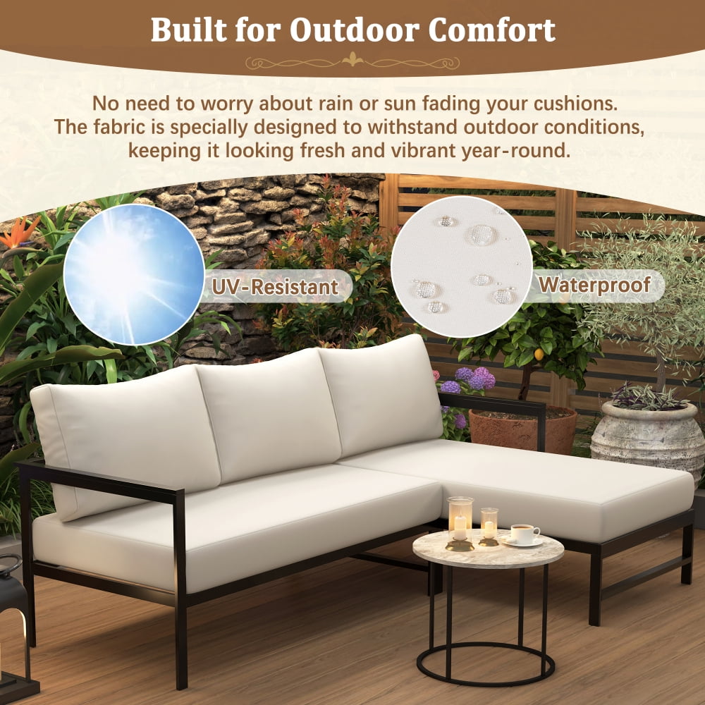 Cozynest L-Shaped Outdoor Patio Sofa Set, Weather-Resistant Iron Frame Sectional Couch with 5.9 in Thick Cushions (Beige, 3-Seat) 67d8m