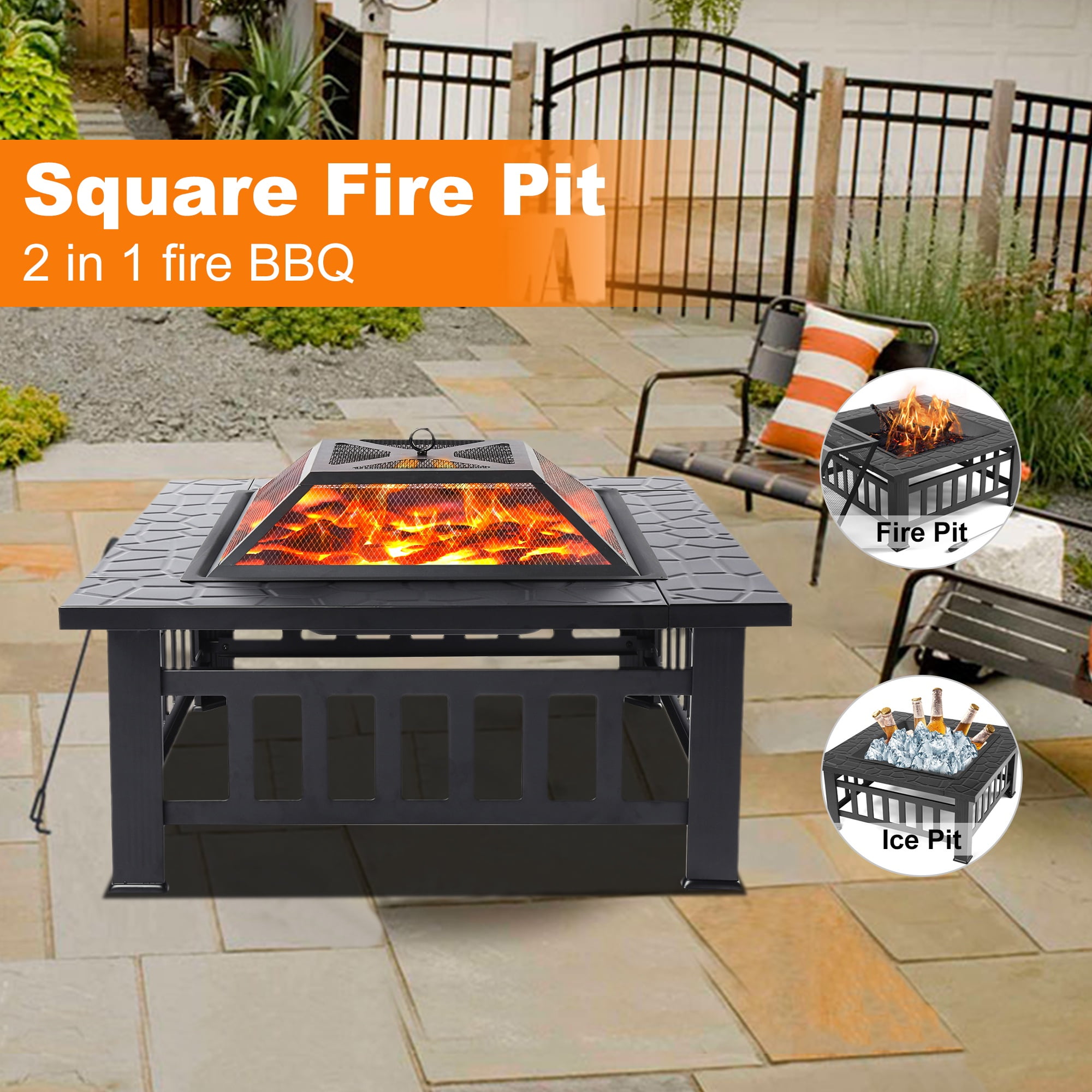 Segmart Outdoor Fire Pit Table, 32 in Square Wood Burning Fire Pit with Spark Screen and Log Poker (Black, 32 in) c7uir