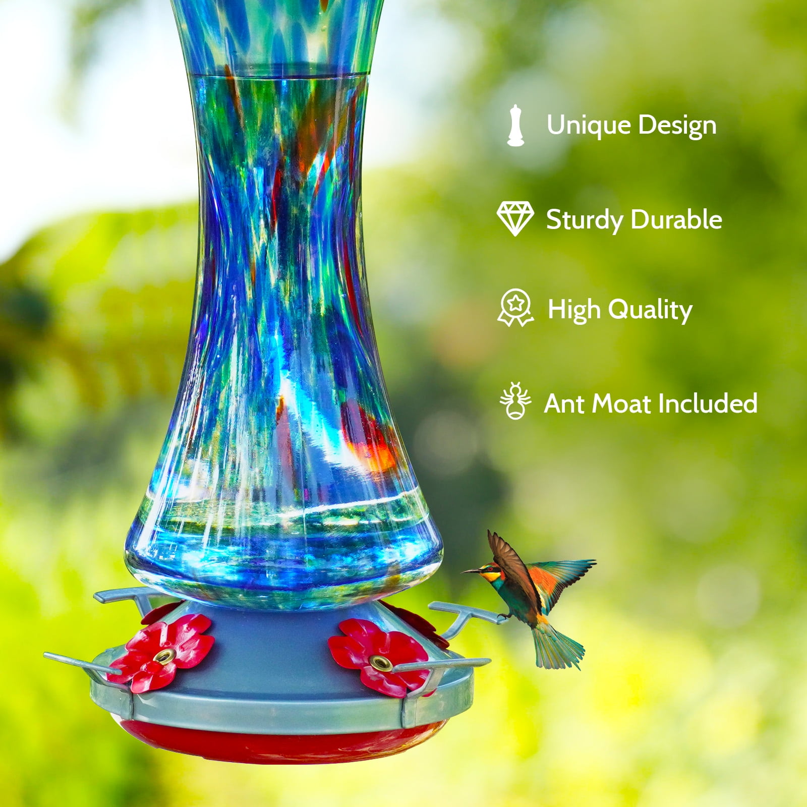 BirdKiss Hand-Blown Glass Hummingbird Feeder for Garden and Patio (Red, 16 oz) wjb7g