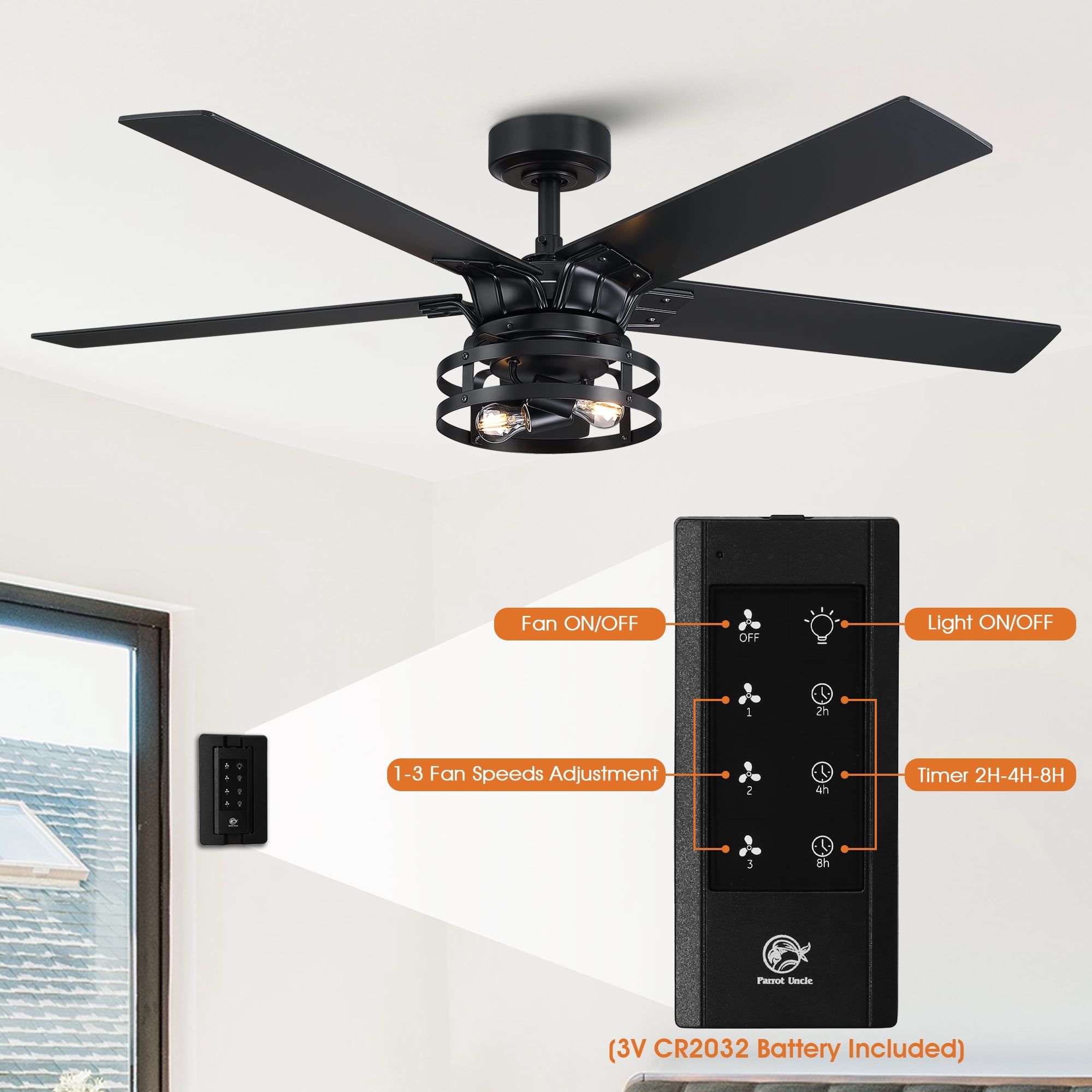 Parrot Uncle 52 in Farmhouse Caged Ceiling Fan with Remote and Light Kit (Black and Cherry, 52 in) lfe88